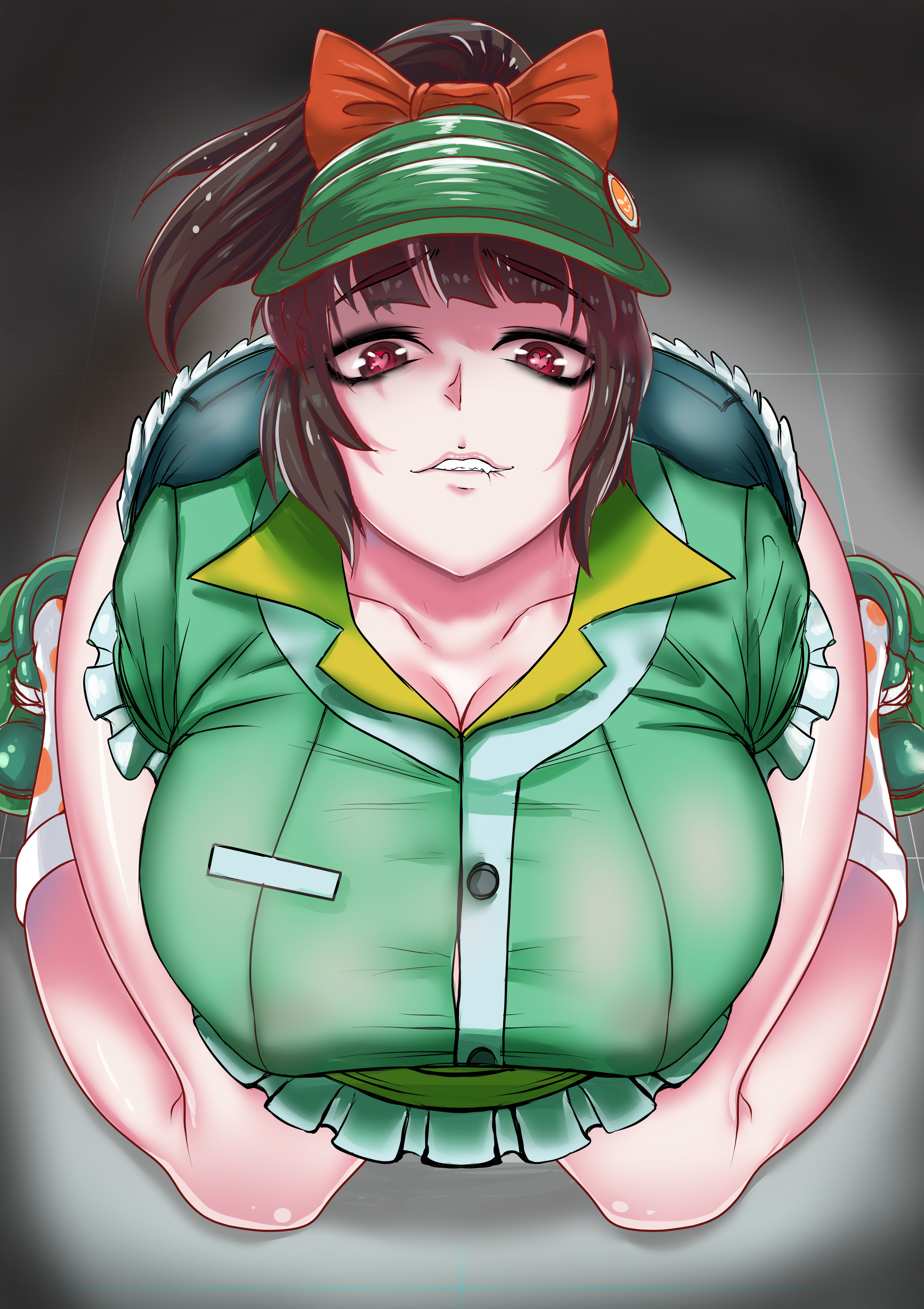 big breasts, biting lip, breasts, brown hair, fang, female, hat, heart-shaped pupils, honeydew mei, hukiguni, kneeling, large breasts, looking at viewer, mei (overwatch), overwatch, overwatch 2, overwatch league, ponytail, shorts, tagme, topgodzilla