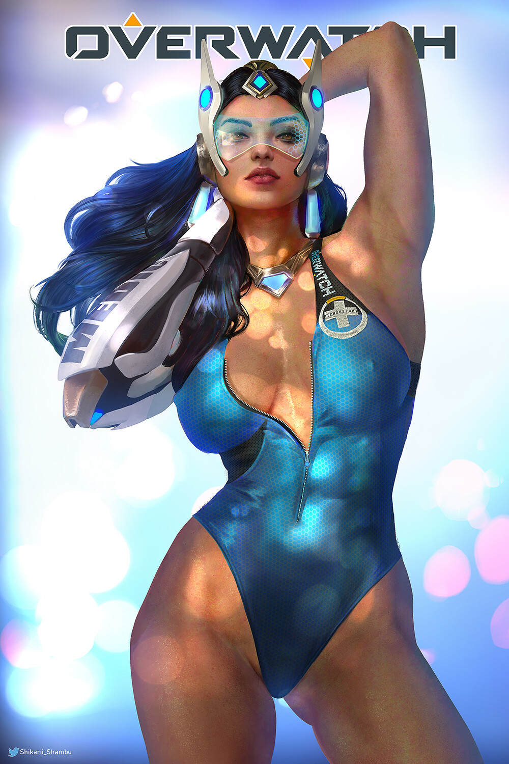 2d, 2d looking like 3d, arm up, armpits, bare arms, black hair, blue-tinted eyewear, breasts, brown eyes, closed mouth, commission, copyright name, cyborg, dark skin, erect nipples, female, floating hair, gluteal fold, hair slicked back, highleg, highleg leotard, highres, leotard, lips, lipstick, long hair, looking at viewer, makeup, mechanical arm, medium breasts, nipples, overwatch, partially unzipped, realistic, shikari, solo, standing, swimsuit, symmetra, thunder thighs, tinted eyewear, twitter logo, twitter username, visor, zipper, zipper pull tab