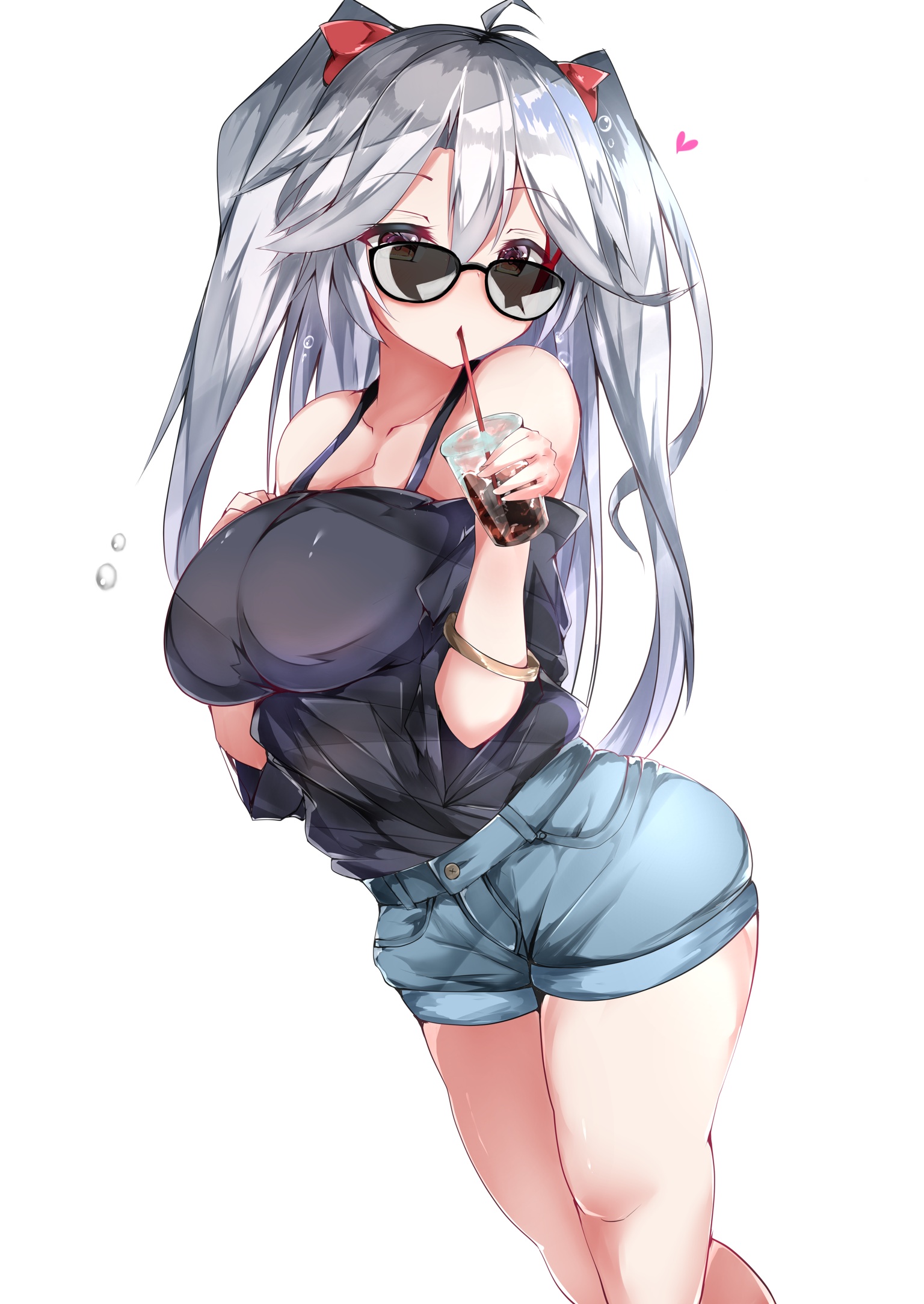 antenna hair, azur lane, bangle, bangs, blue shorts, blush, bracelet, breasts, casual, cup, drinking, eyebrows visible through hair, female, female only, hair between eyes, heart, highres, holding, holding cup, jewelry, large breasts, long hair, looking at viewer, looking over eyewear, looking over glasses, multicolored hair, mutou (94753939), prinz eugen (azur lane), red hair, ribbon, short shorts, shorts, silver hair, simple background, solo, streaked hair, sunglasses, tareme, tinted eyewear, two side up, very long hair, white background