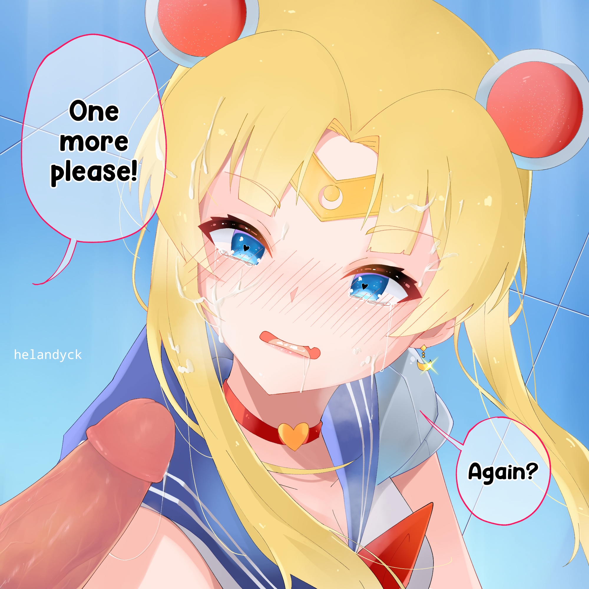 1boy, 1girls, bishoujo senshi sailor moon, blonde hair, blue eyes, clothing, cum, english text, female, helandyck, male, meme, penis, sailor moon, sailor moon redraw challenge, sailor senshi uniform, text, uncensored, usagi tsukino