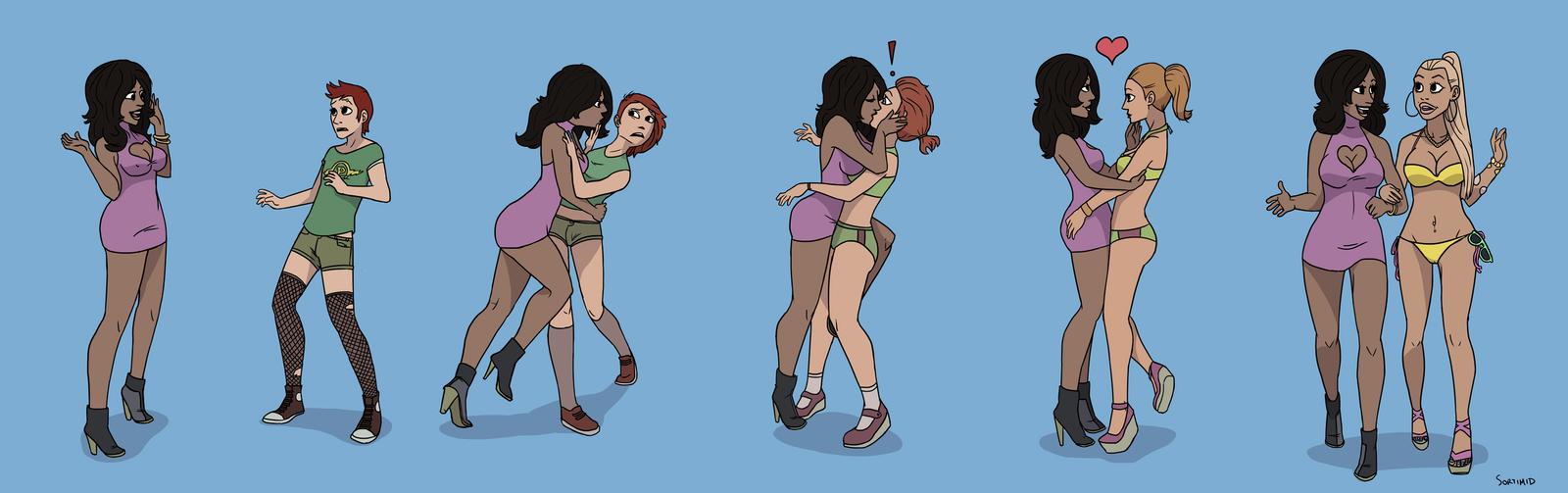 1boy, 2girls, ass expansion, big lips, bikini, bimbo, bimbofication, breast expansion, breast growth, breast growth (enlargement), breasts, cleavage, cleavage cutout, dark skin, dark-skinned female, female, forced feminization, gender transformation, genderswap, genderswap (mtf), hair color change, hair growth, heart-shaped cleavage window, high heel boots, high heels, hoop earrings, interracial, interracial yuri, kissing, lesbian kiss, lip expansion, male, mtf transformation, open toe shoes, ponytail, rule 63, sequence, skin color change, sortimid, transformation, yuri