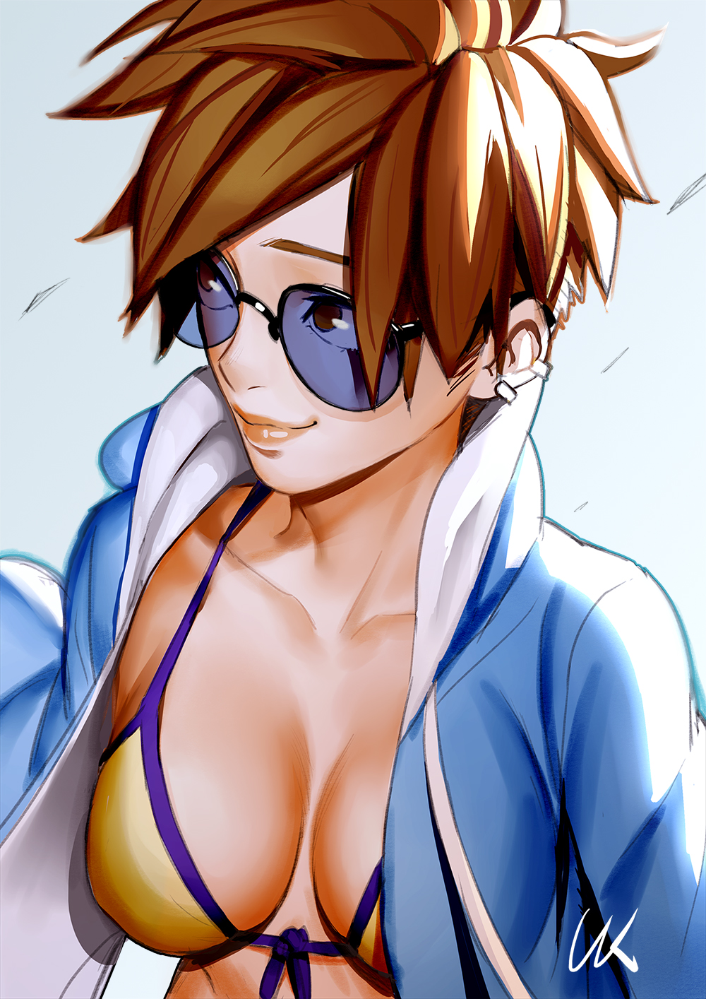 backlighting, bikini, blue background, blue jacket, blue sky, blue-tinted eyewear, breasts, brown eyes, brown hair, casual, collarbone, day, ear piercing, earrings, female, front-tie bikini, front-tie top, highres, jacket, jewelry, lips, lolik, long sleeves, looking to the side, medium breasts, open clothes, open jacket, overwatch, piercing, short hair, signature, sky, smile, solo, spiked hair, sunglasses, swimsuit, tinted eyewear, tracer, upper body, yellow bikini