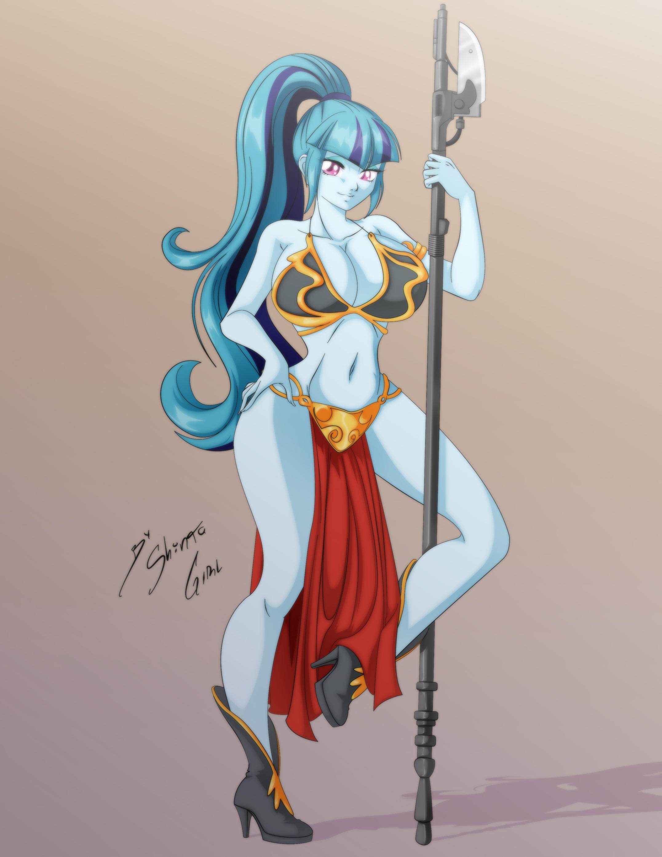 belly dancer, belly dancer outfit, blue hair, blue skin, boots, breasts, cleavage, cosplay, crossover cosplay, dancer, dancer outfit, equestria girls, female, female only, friendship is magic, hand on hip, harem girl, harem outfit, high heel boots, hourglass figure, huge breasts, indigo hair, loincloth, long hair, multicolored hair, my little pony, navel, ponytail, purple eyes, shinta-girl, slave, slave bikini, slave girl, slave leia (cosplay), slave leia costume, slave outfit, sonata dusk, spear, standing on one leg, star wars, voluptuous