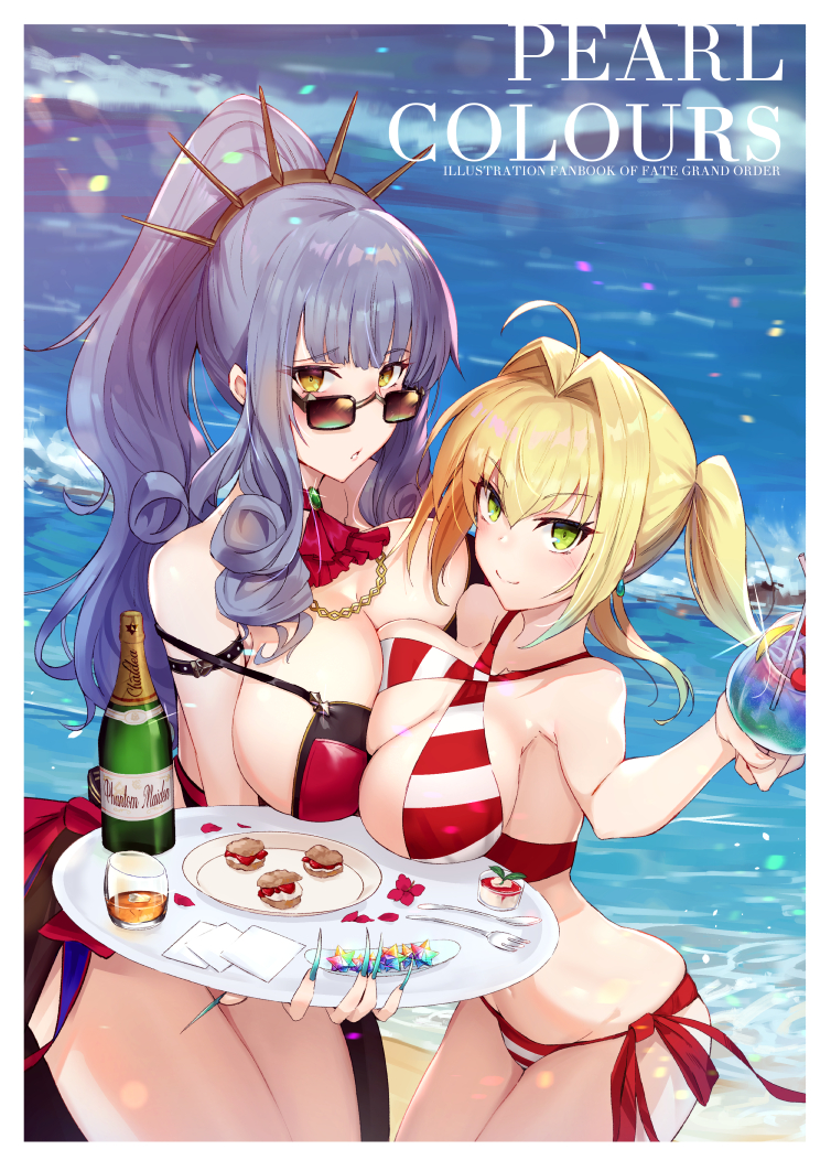 2girls ahoge arm_strap bangs bare_shoulders bikini blonde_hair blue_nails blush breast_press breasts carmilla_(fate) cleavage collarbone criss-cross_halter cup day earrings emerald_(gemstone) eyebrows_visible_through_hair fate/grand_order fate_(series) fingernails green_eyes groin hair_intakes halterneck holding holding_cup jewelry kakumayu large_breasts long_fingernails long_hair looking_at_viewer looking_over_eyewear looking_over_glasses lowleg lowleg_bikini multiple_girls nail_polish navel nero_claudius_(fate) nero_claudius_(swimsuit_caster) outdoors parted_lips red_bikini side-tie_bikini sidelocks silver_hair skindentation smile stomach striped striped_bikini sunglasses swimsuit thighs tinted_eyewear tropical_drink twintails yellow_eyes