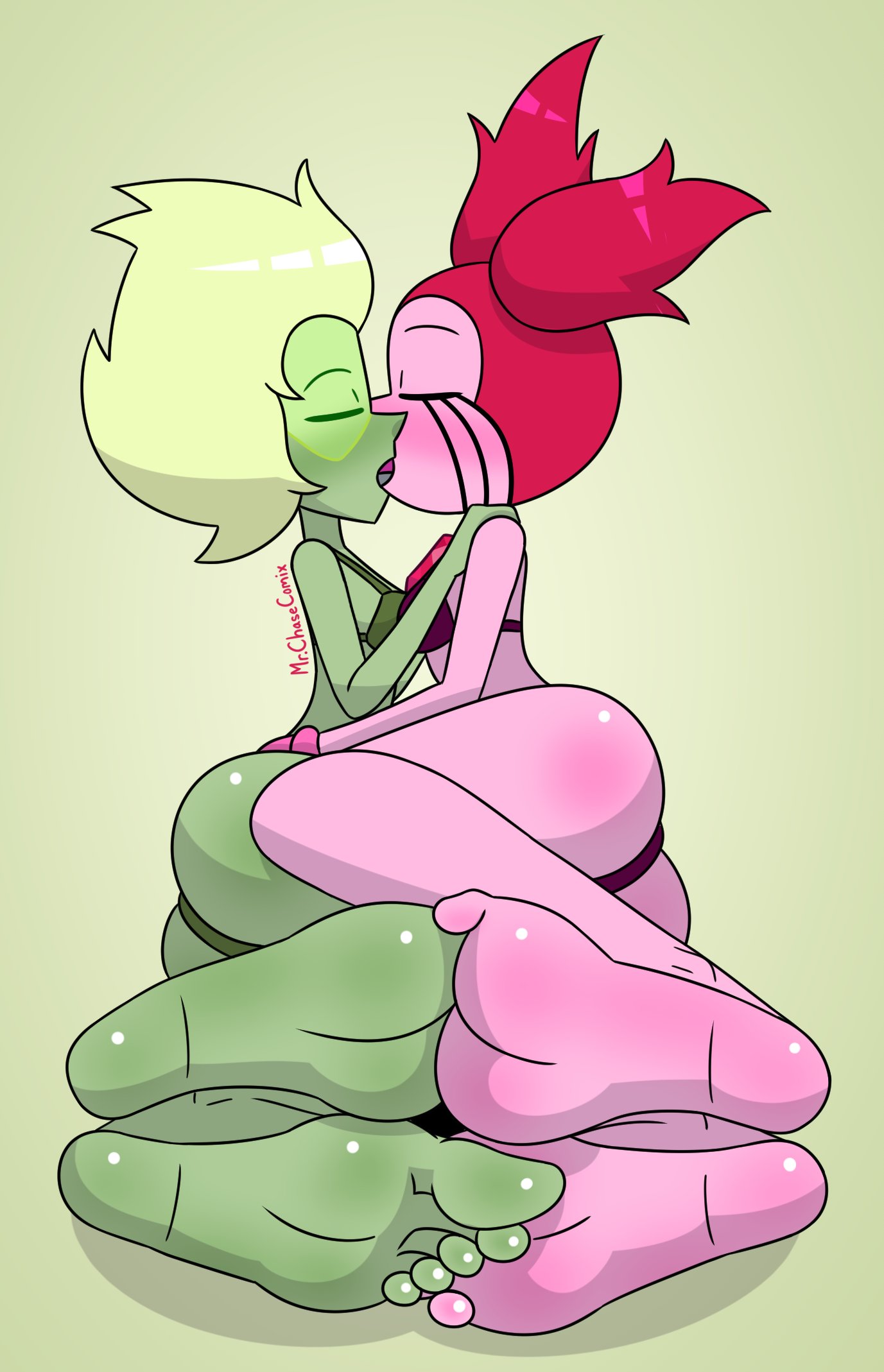 2girls, feet, female, female only, foot fetish, foot focus, footsie, gem (species), green skin, half naked, kissing, lingerie, making out, mr. chase comix, multiple females, multiple girls, peridot (steven universe), pink skin, spinel (steven universe), steven universe, tagme, yuri