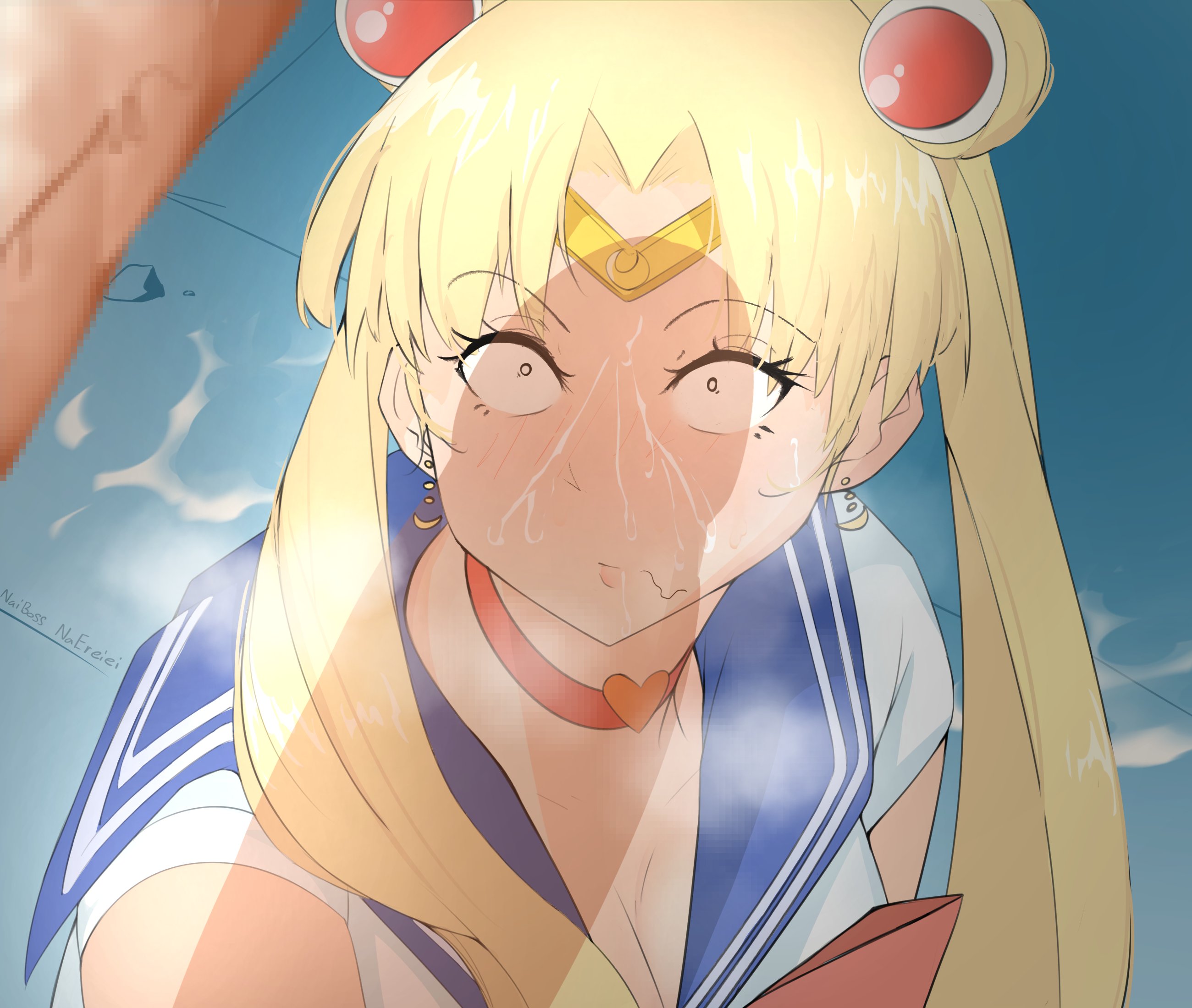 bishoujo senshi sailor moon, blonde hair, blue eyes, censored, clothing, cum, female, male, meme, naibossthl, penis, penis awe, penis shadow, sailor moon, sailor moon redraw challenge, sailor senshi uniform, surprised, usagi tsukino