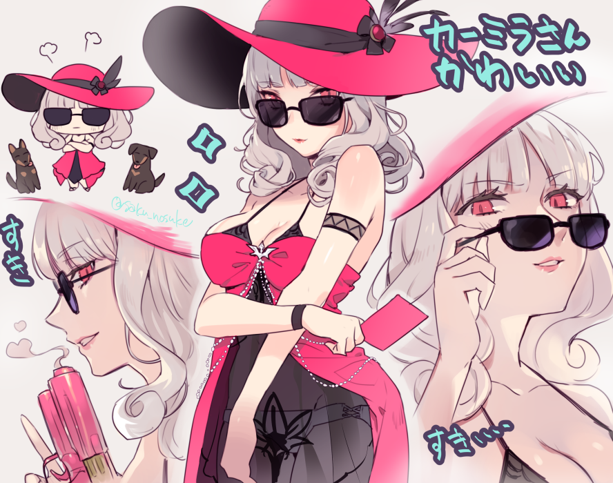 =3 adjusting_eyewear adjusting_glasses adjusting_sunglasses breasts canine carmilla_(fate) carmilla_(swimsuit_rider) chibi cleavage fate/grand_order fate_(series) gun lipstick looking_at_viewer looking_over_eyewear looking_over_glasses looking_over_sunglasses makeup red_eyes saku_nosuke silver_hair smile sparkle sunglasses tinted_eyewear translated twitter_username weapon