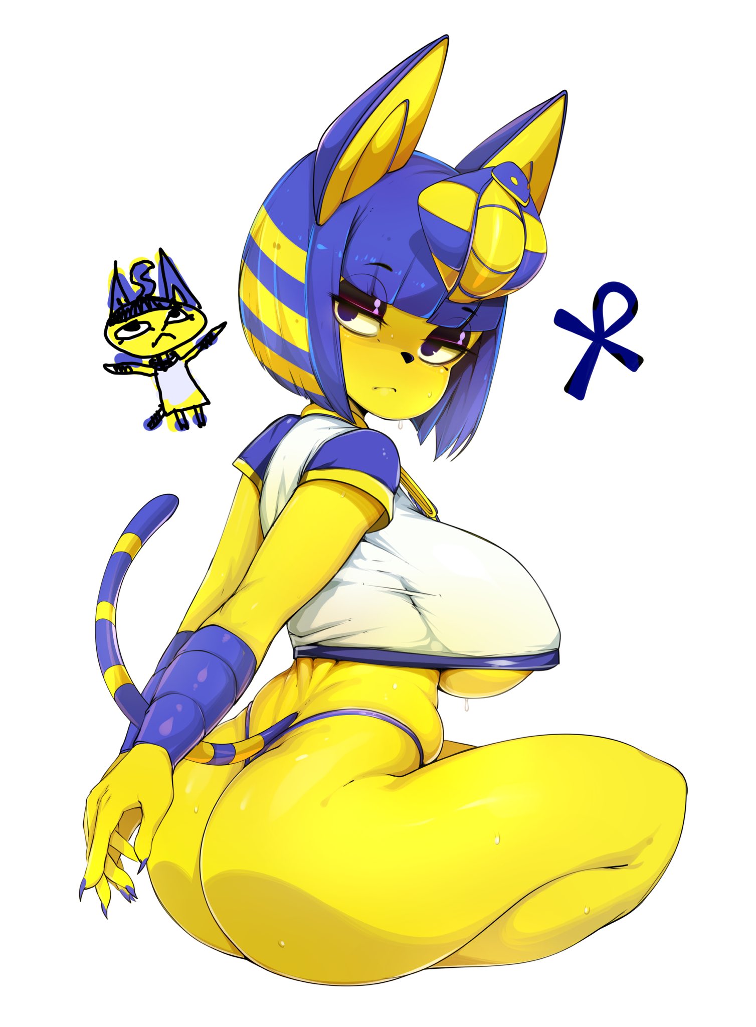 1girls, alternate breast size, alternate eye color, alternate outfit, animal crossing, ankha, anthro, ass, ass crack, belly, big ass, big breasts, blue fur, blue hair, blue nails, breasts, butt crack, claws, crop top, egyptian, eye contact, feline, female, female only, furry, half-closed eyes, huge breasts, large ass, large breasts, looking at viewer, looking back, midriff, nail polish, navel, nintendo, panties, pose, purple eyes, shirt, short hair, sideboob, sitting, sketch, slugbox, solo, source request, stripes, sweat, tail, thick thighs, thong, underboob, wet, white background, wide hips, yellow fur