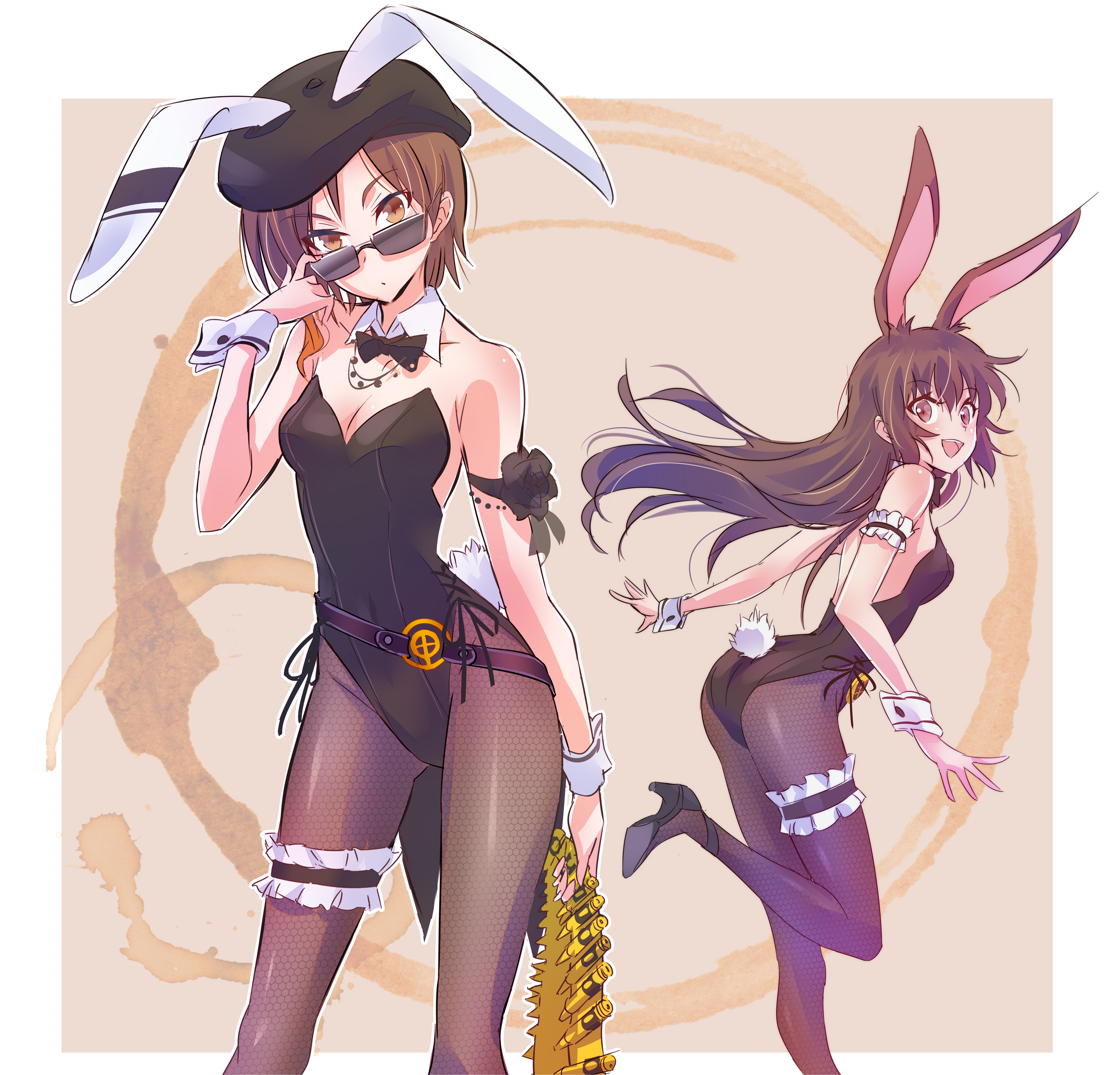 :d, 2girls, absurdres, adjusting eyewear, adjusting glasses, animal ears, arm garter, ass, bare shoulders, beret, bow, bowtie, breasts, brown eyes, brown hair, brown legwear, bunny ears, bunny tail, bunnysuit, coattails, coco adel, contrapposto, detached collar, female, fishnet pantyhose, fishnets, gluteal fold, hat, high heels, highres, iesupa, jewelry, leg garter, leotard, long hair, looking at viewer, looking over eyewear, looking over glasses, multiple females, multiple girls, necklace, open mouth, pantyhose, playboy bunny, rwby, short hair, small breasts, smile, standing, standing on one leg, sunglasses, tail, tinted eyewear, velvet scarlatina, wrist cuffs