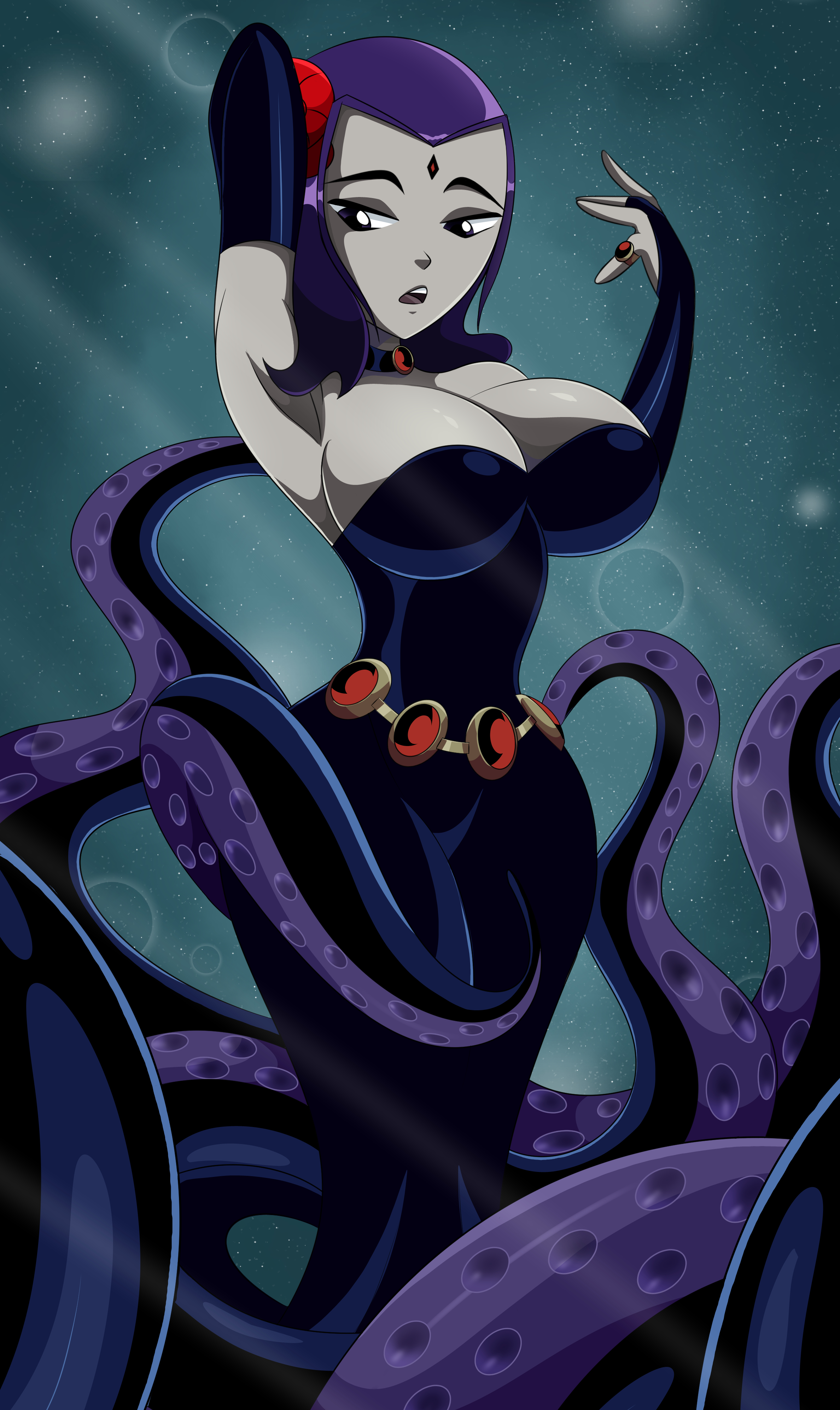 1girls, big breasts, breasts, bridal gauntlets, cartoon network, dc, dc comics, female, interspecies, light skin, light-skinned female, merfolk, mermaid, monster girl, octopus girl, octopus humanoid, octopus tentacle, pale skin, pale-skinned female, purple eyes, purple hair, rachel roth, raven (dc), scylla, short hair, smooth skin, solo, solo female, solo focus, sonson-sensei, teen titans, teen titans go, teen titans go! vs teen titans, tentacles, underwater, warner brothers