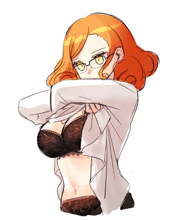 big_breasts black_underwear bra colored_sketch danganronpa danganronpa_another fanganronpa glasses grown_up kuudere looking_down mekaru_rei orange_hair sdra2 shirt smooth_skin super_danganronpa_another_2 underwear undressing wavy_hair white_background yellow_eyes