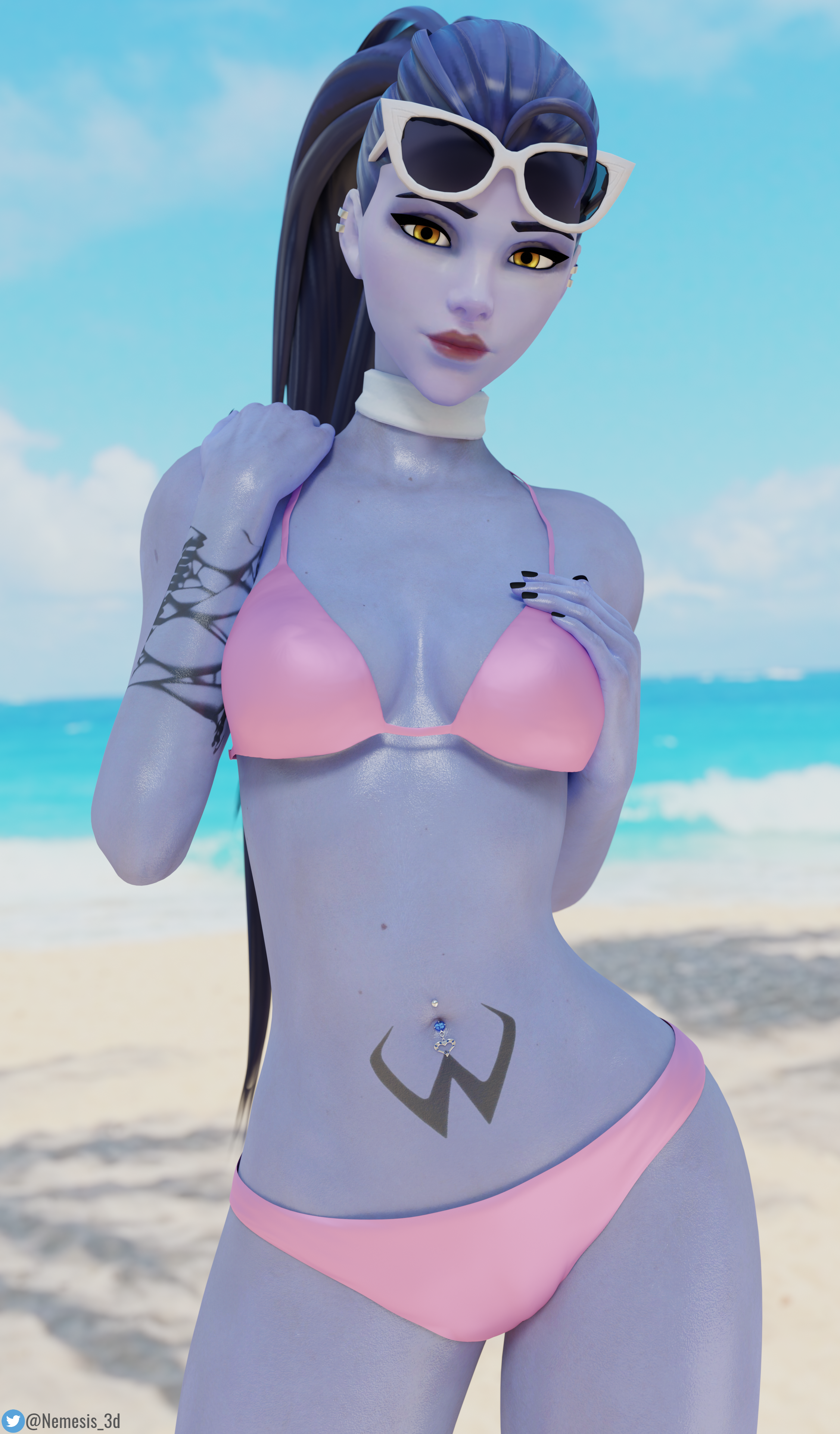 1girls, 3d, amelie lacroix, beach, bikini, blizzard entertainment, blue skin, cote d'azur widowmaker, female, female only, navel piercing, nemesis 3d, overwatch, overwatch 2, purple skin, sci-fi, science fiction, scifi, solo, solo female, sunglasses, sunglasses on head, tattoo, widowmaker, yellow eyes