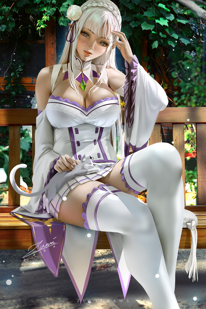 big breasts, breasts, clothed female, emilia (re:zero), female, female focus, female only, long hair, puck (re:zero), re:zero kara hajimeru isekai seikatsu, solo, solo female, solo focus, zumi