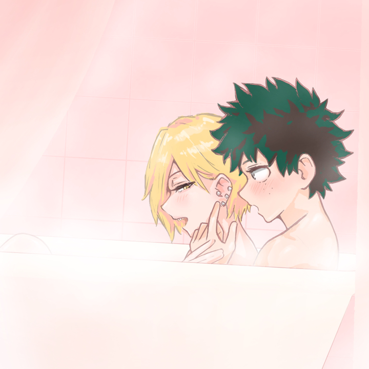 1boy, 1girls, bathing, bathtub, blonde hair, blush, ear piercing, female, freckles, green eyes, green hair, izuku midoriya, male, mature female, midoriya izuku, my hero academia, romantic, ryuukyuu, shpo, tatsuma ryuuko, wholesome