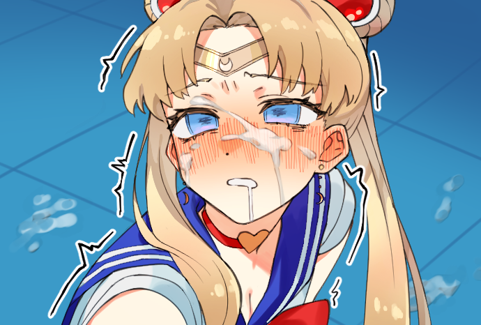 bishoujo senshi sailor moon, blonde hair, blue eyes, blush, clothing, cum, cum on face, dazed, defeated, drooling, female, meme, sailor moon, sailor moon redraw challenge, sailor senshi uniform, trembling, tsu (lovesick1964), usagi tsukino
