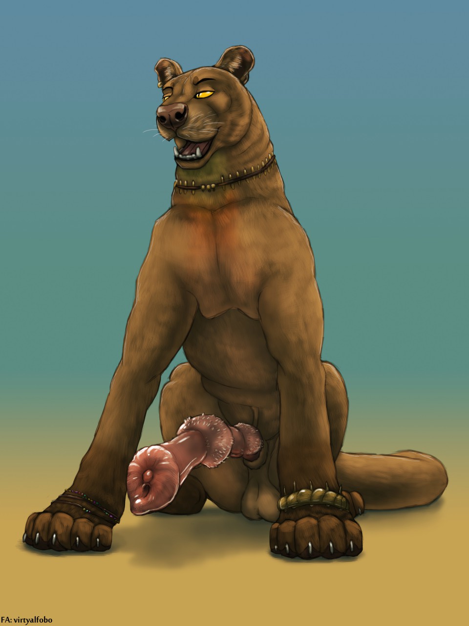 1boy 3:4 5_toes anatomically_correct anatomically_correct_genitalia anatomically_correct_penis animal_genitalia animal_penis ankle_band anklet balls blue_background brown_nose claws erection euplerid fangs feline_penis feral fossa fossa_penis fur genitals gradient_background grey_claws hi_res huge_penis jewelry knot long_penis looking_aside male male_only mammal necklace on_haunches open_mouth open_smile paws penile_spines penis penis_towards_viewer presenting presenting_penis rainbow_anklet sagging_balls sheath simple_background sitting slit_pupils smile solo teeth toes urethra virtyalfobo whiskers yellow_sclera zoophilia