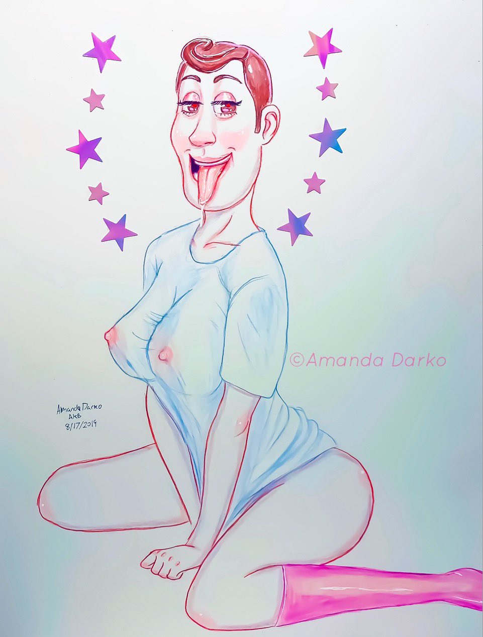 2019 amandadarko breasts brown_hair cleavage clothed clothing disney femboy half-closed_eyes kneeling looking_at_viewer nipples pixar rule_63 see-through see-through_clothing short_hair simple_background smile solo tongue tongue_out toy_story traditional_media_(artwork) what woody_pride