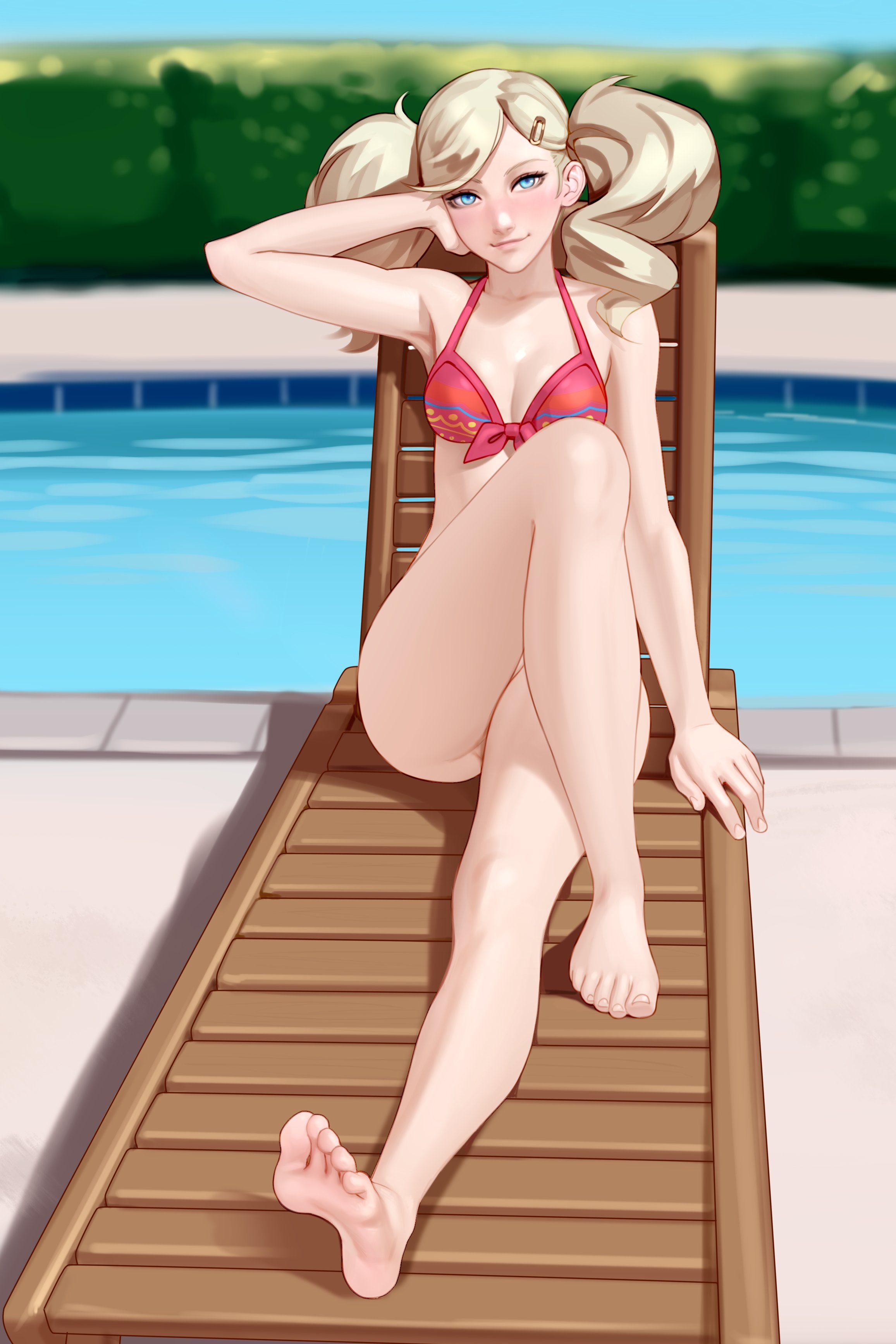 1girls, absurdres, ann takamaki, armpits, barefoot, bikini, blonde hair, crossed legs, feet, female, female only, foot fetish, highres, kairuhentai, kairunoburogu, looking at viewer, persona, persona 5, sitting, solo, toes, twintails, water
