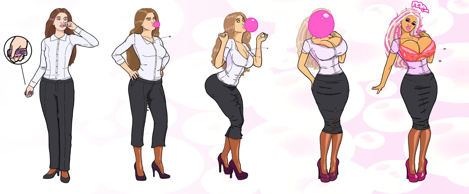 1girls, banedearg, bimbo, bimbofication, bra, breast expansion, breast growth, breast growth (enlargement), breasts, bubble gum, bursting breasts, cleavage, female, high heels, huge breasts, platform heels, solo, wide hips