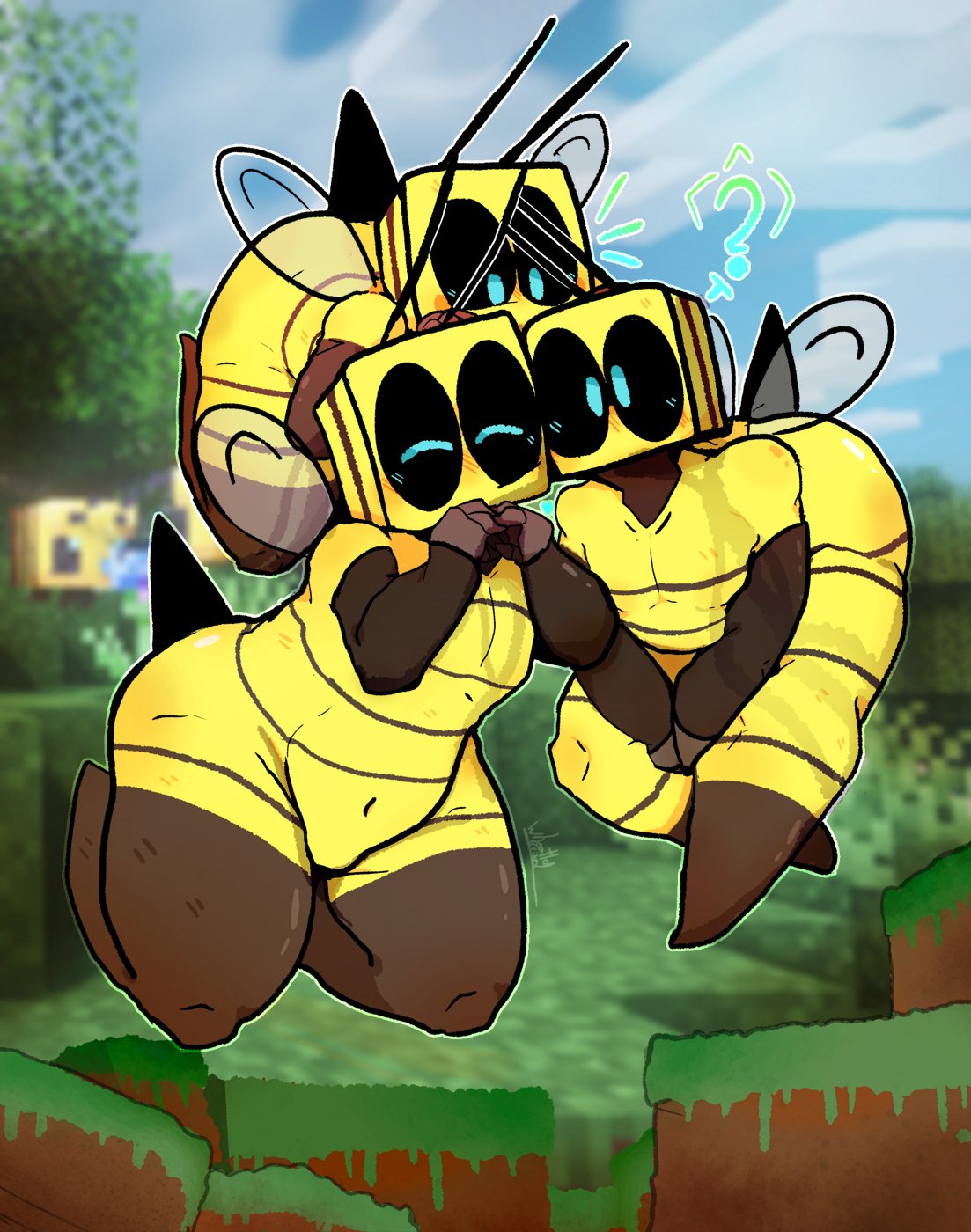 ?, ambiguous gender, antennae, bee, bee (minecraft), blue eyes, blush, cute, flying, minecraft, stinger, wheatley grim, wide hips, wings