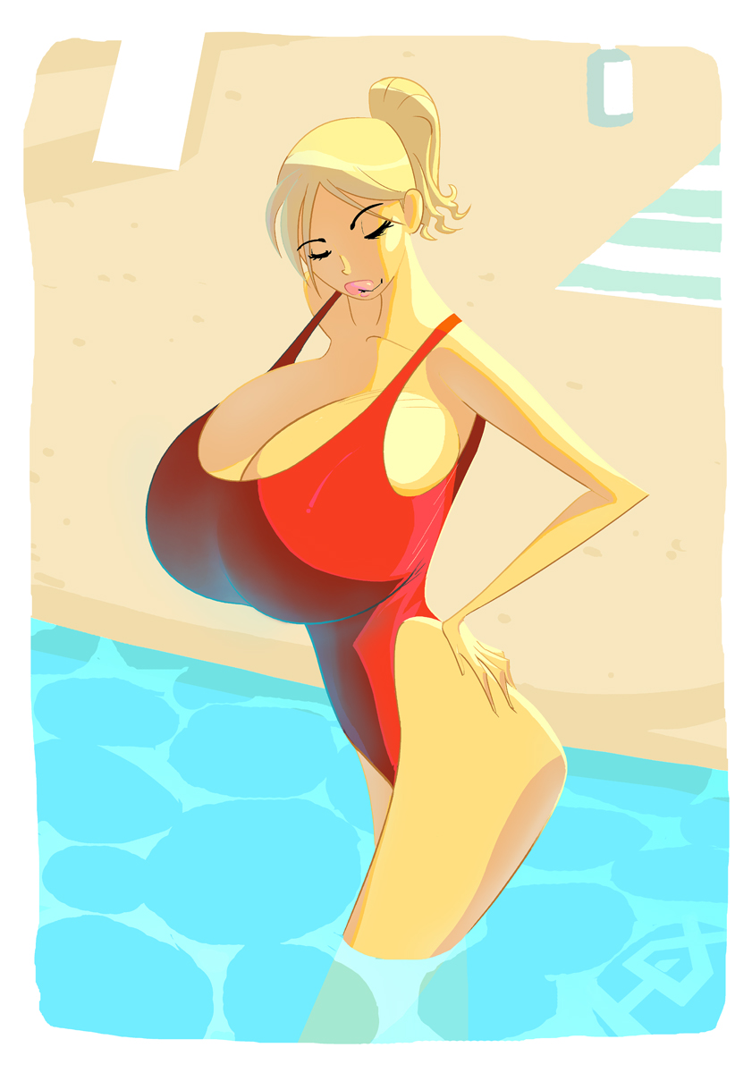 big_ass big_lips blonde_hair breasts cleavage eyelashes eyes_closed gigantic_breasts hexamous hourglass_figure huge_breasts partially_clothed pool solo solo_female solo_focus swimsuit thick_lips thighs tiffany_towers top_heavy water