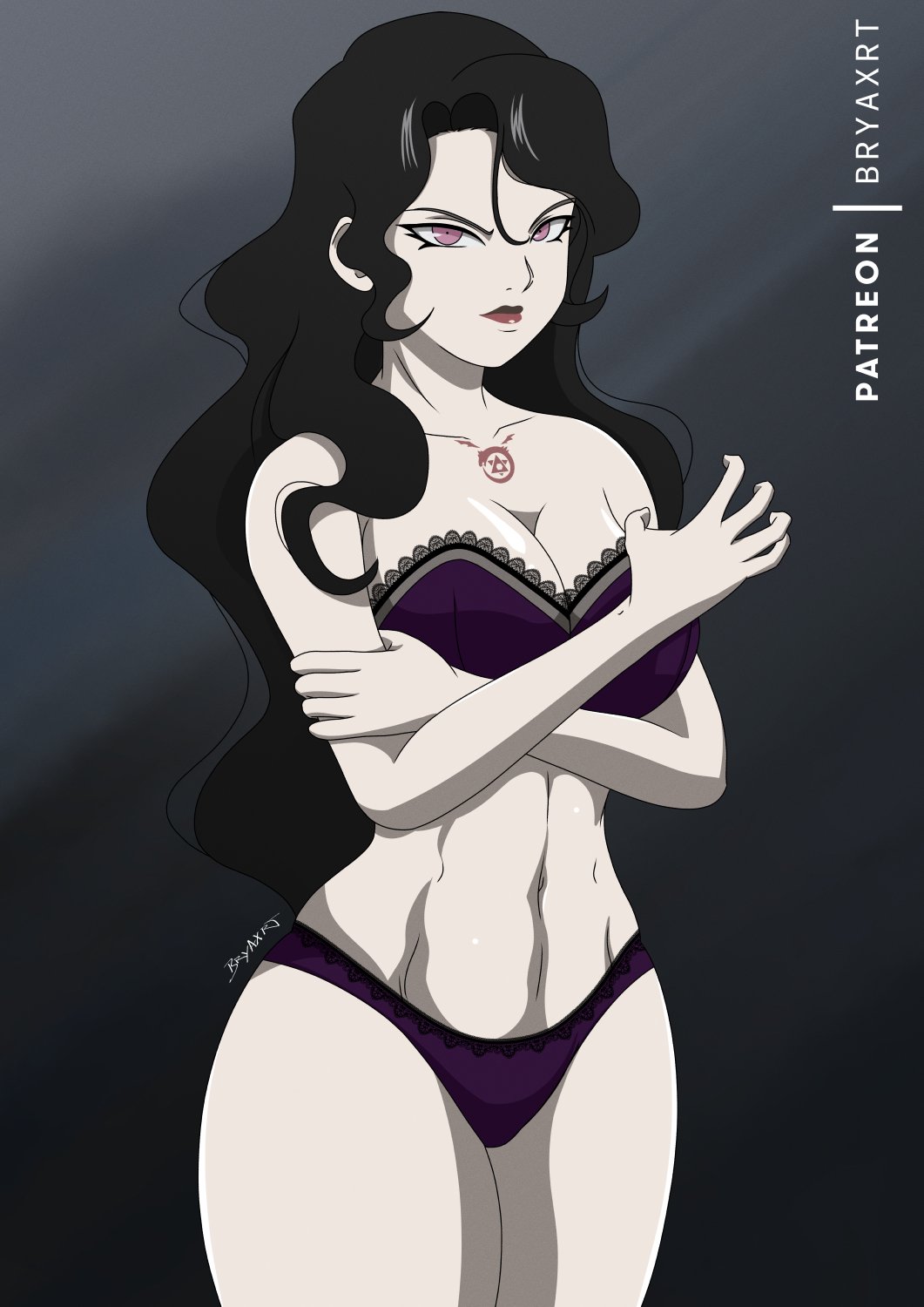 big_breasts black_hair bryaxrt female female_only fullmetal_alchemist homunculus lingerie long_hair lust_(fullmetal_alchemist) solo solo_female solo_focus