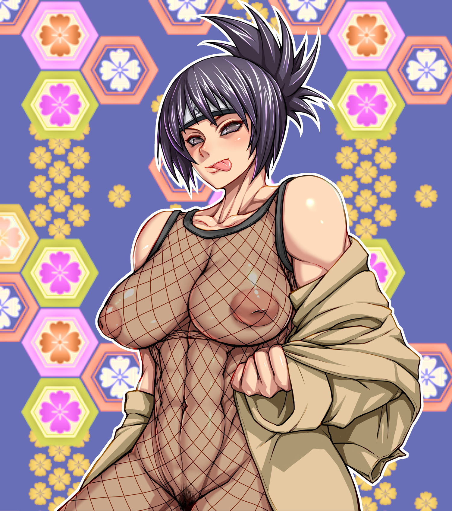 1girls, bare shoulders, blush, breasts, coat, eroerokinniku, female, female only, female pubic hair, fishnet bodysuit, fishnets, forehead protector, inverted nipples, looking at viewer, mitarashi anko, naruto, naruto (series), naruto shippuden, naughty face, nipples, no bra, no panties, off shoulder, purple hair, pussy, see-through, see-through clothing, solo, tongue, tongue out, vagina
