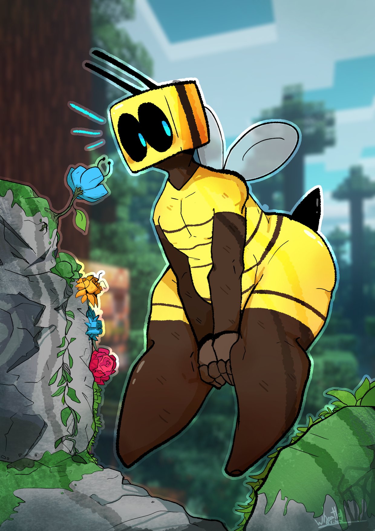 ambiguous gender, antennae, bee, bee (minecraft), blue eyes, flower, flying, minecraft, stinger, wheatley grim, wide hips, wings
