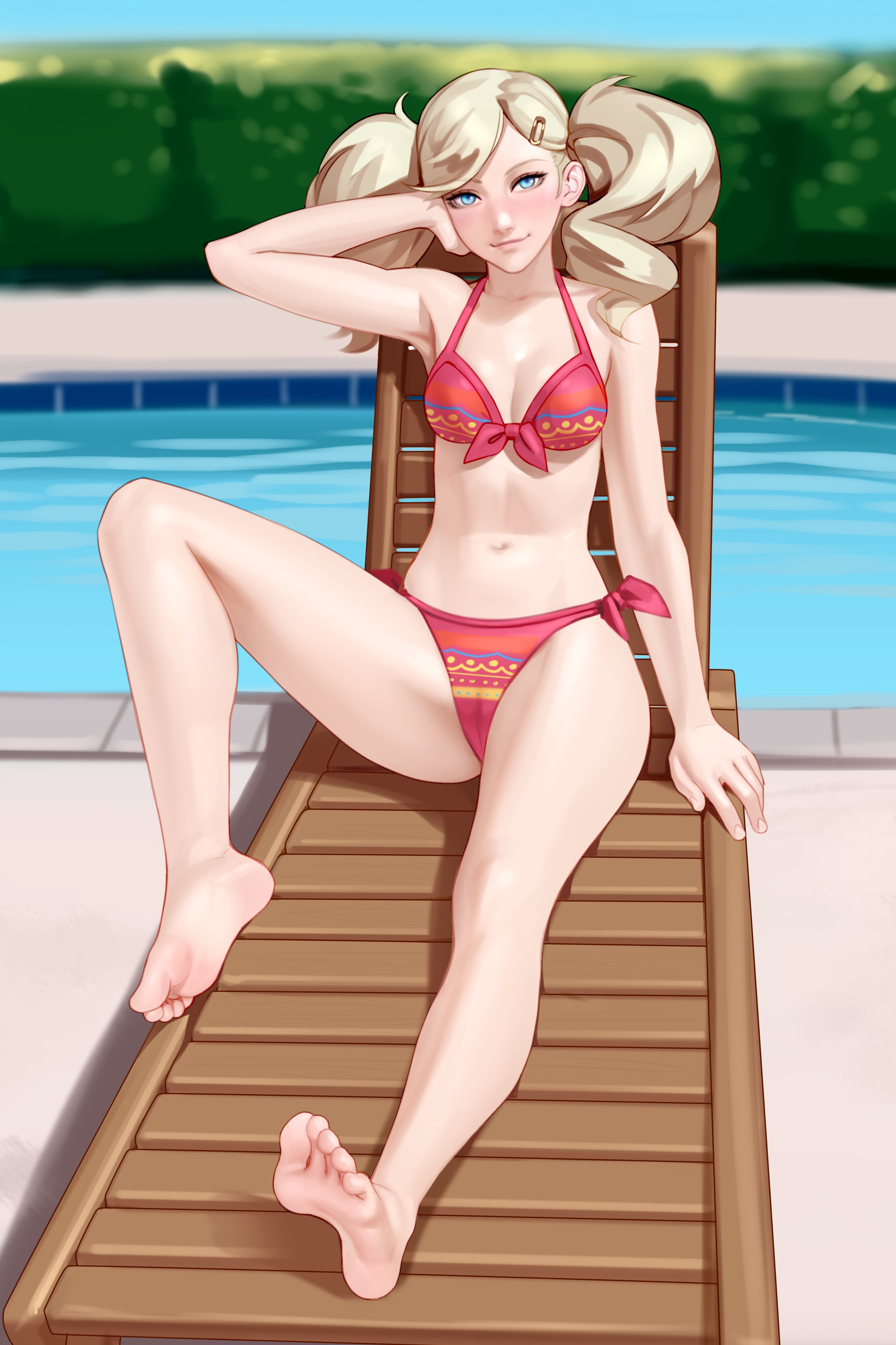 1girls, absurdres, ann takamaki, armpits, barefoot, bikini, blonde hair, cameltoe, feet, female, female only, highres, kairuhentai, kairunoburogu, looking at viewer, persona, persona 5, pussy, sitting, solo, toes, twintails, water
