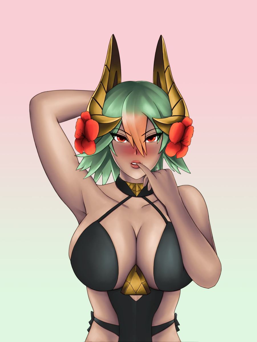 babyserval_(artist) blush cleavage dark-skinned_female finger_in_mouth fire_emblem fire_emblem_heroes flower green_hair horn laegjarn_(fire_emblem) laegjarn_(summer)_(fire_emblem) nintendo swimsuit