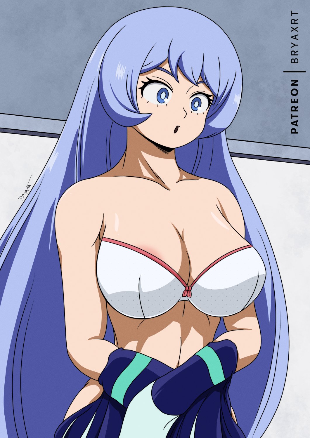 :o big_breasts blue_eyes blue_hair bra bryaxrt cleavage female female_only long_hair my_hero_academia nejire_hado nipples nipples_visible_through_clothing solo solo_female solo_focus teenager