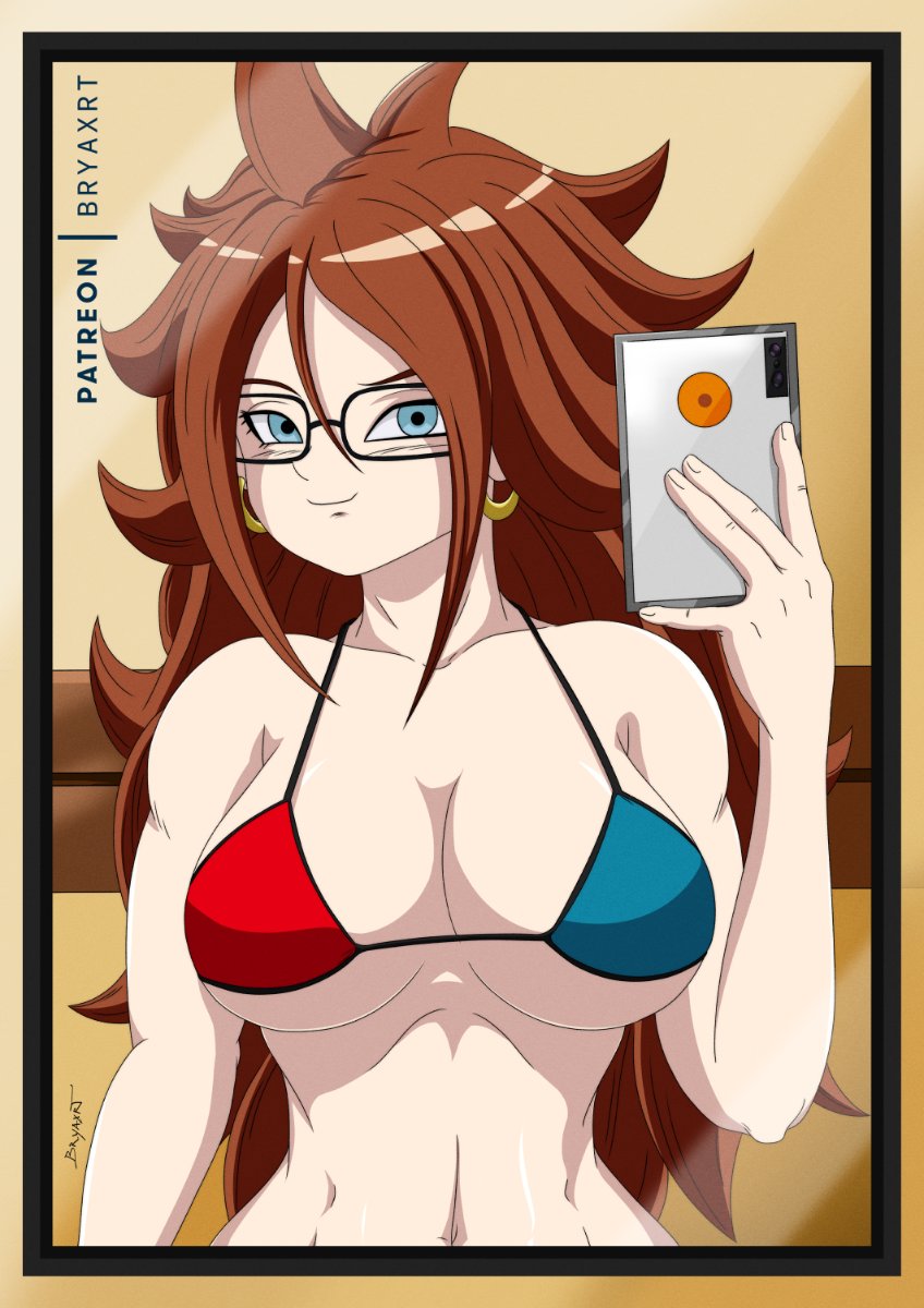 android android_21 android_21_(human) big_breasts blue_eyes brown_hair bryaxrt dragon_ball dragon_ball_fighterz female female_only glasses long_hair solo solo_female solo_focus