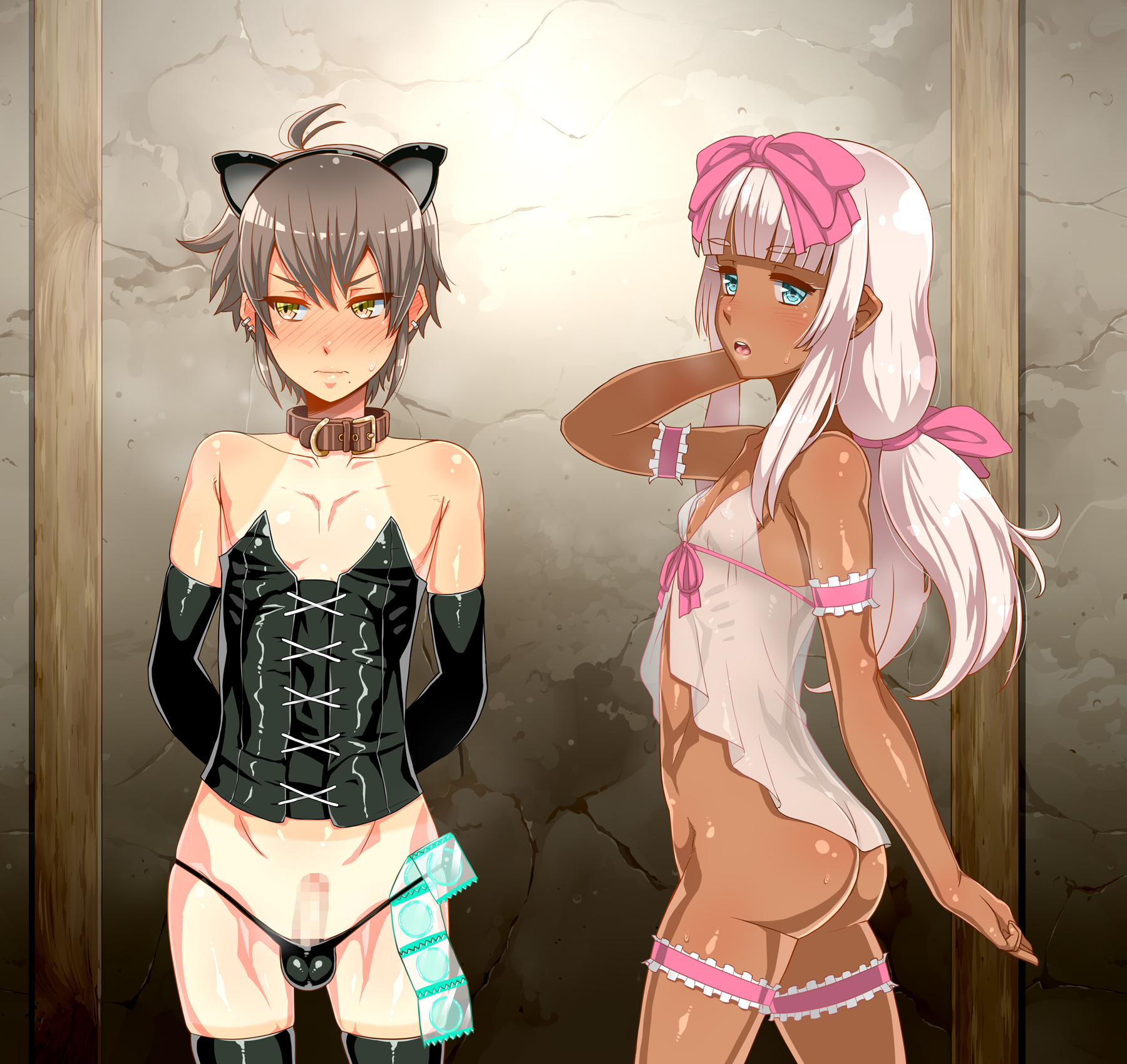 2boys, against wall, balls, balls in panties, black hair, black legwear, blonde hair, blue eyes, blush, bottomless, bow, cat ears, censored, choker, condom, dark skin, dark-skinned femboy, dark-skinned male, earrings, enoshima iki, femboy, flat chest, girly, long hair, looking at viewer, male, male only, penis, pink bow, short hair, small penis, standing, string panties, sweat, tanlines, tiny penis, trap, yellow eyes