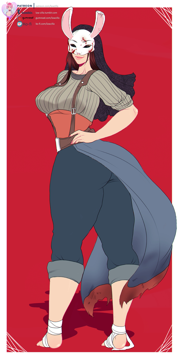 1girls, 2d, barefoot, dbd, dead by daylight, female, female only, from behind, fully clothed, huntress (dead by daylight), law-zilla, mask, smile, solo, suspenders, tagme