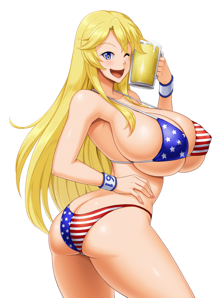 1girls, american flag, american flag bikini, ass, ass crack, beer, bikini, blinking, blonde hair, blue eyes, breasts, butt crack, cleavage, female, flag bikini, huge breasts, iowa (kantai collection), kantai collection, long hair, looking at viewer, national personification, sideboob, smile, thighs, underboob