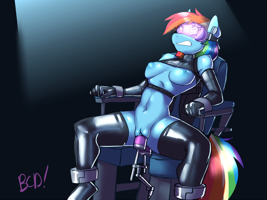 1girls, 4:3, anal, anal penetration, anal sex, anthro, arm sleeves, armwear, black clothing, black gloves, black legwear, blue body, blue breasts, blue fur, bluecoffeedog, bondage, bondage chair, brainwashing, breasts, breasts out, chair, chair bondage, clothing, cuffs, dildo, dildo in ass, dildo in pussy, elbow gloves, equid, equine, female, female only, femsub, friendship is magic, furry, genitals, glistening, glistening clothing, gloves, hair, hypnosis, hypnotic eyes, hypnotic visor, hypnotized, latex, latex armwear, latex clothing, latex gloves, latex thigh highs, legs, legs held open, legwear, mammal, mind control, mostly nude, multicolored hair, multicolored tail, my little pony, navel, nipples, penetration, pussy, rainbow dash (mlp), rainbow hair, rainbow tail, restrained, rubber, sex machine, sex toy, shiny, shiny clothes, shiny hair, shiny skin, sitting, small breasts, solo, spread legs, spreading, straight hair, teeth, thighhighs, vagina, vaginal, vaginal penetration, visor