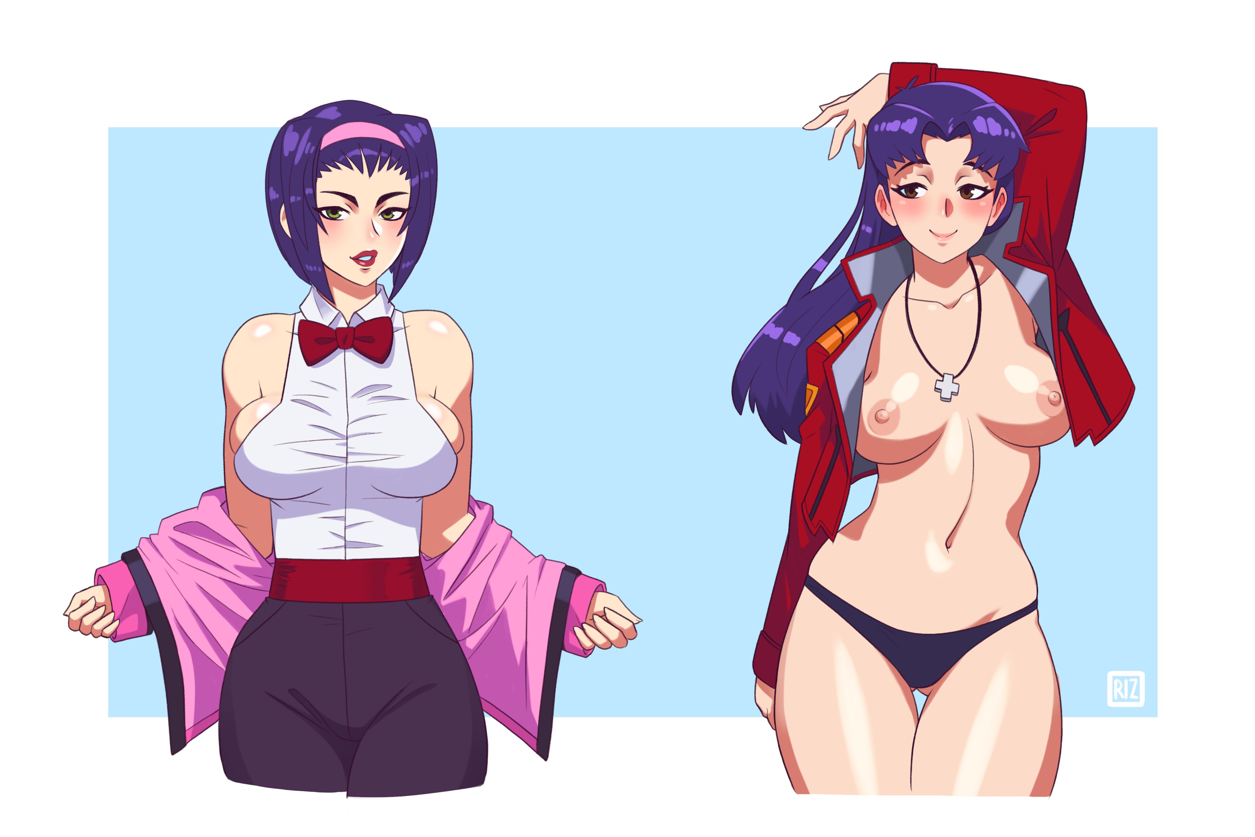 2020, 2d, 2d (artwork), 2girls, artist signature, big breasts, blue background, blush, breasts, clothing, cowboy bebop, cropped jacket, crossover, faye valentine, female, female only, hairband, human, jacket, large breasts, light skin, light-skinned female, long hair, misato katsuragi, multiple females, multiple girls, neon genesis evangelion, nipples, nipples visible through clothing, no sex, pale skin, pale-skinned female, panties, partially clothed, purple hair, rizdraws, short hair, standing, thick thighs, white background, white border