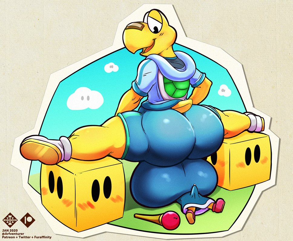 anthro arfventurer ass balls big_balls big_butt duo facesitting flexible genitals hoodie huge_balls huge_butt hyper hyper_balls hyper_genitalia kamek koopa koopa_troopa koops male male/male male_only mario_(series) micro nintendo paper_mario scalie size_difference splits spread_legs spreading video_games