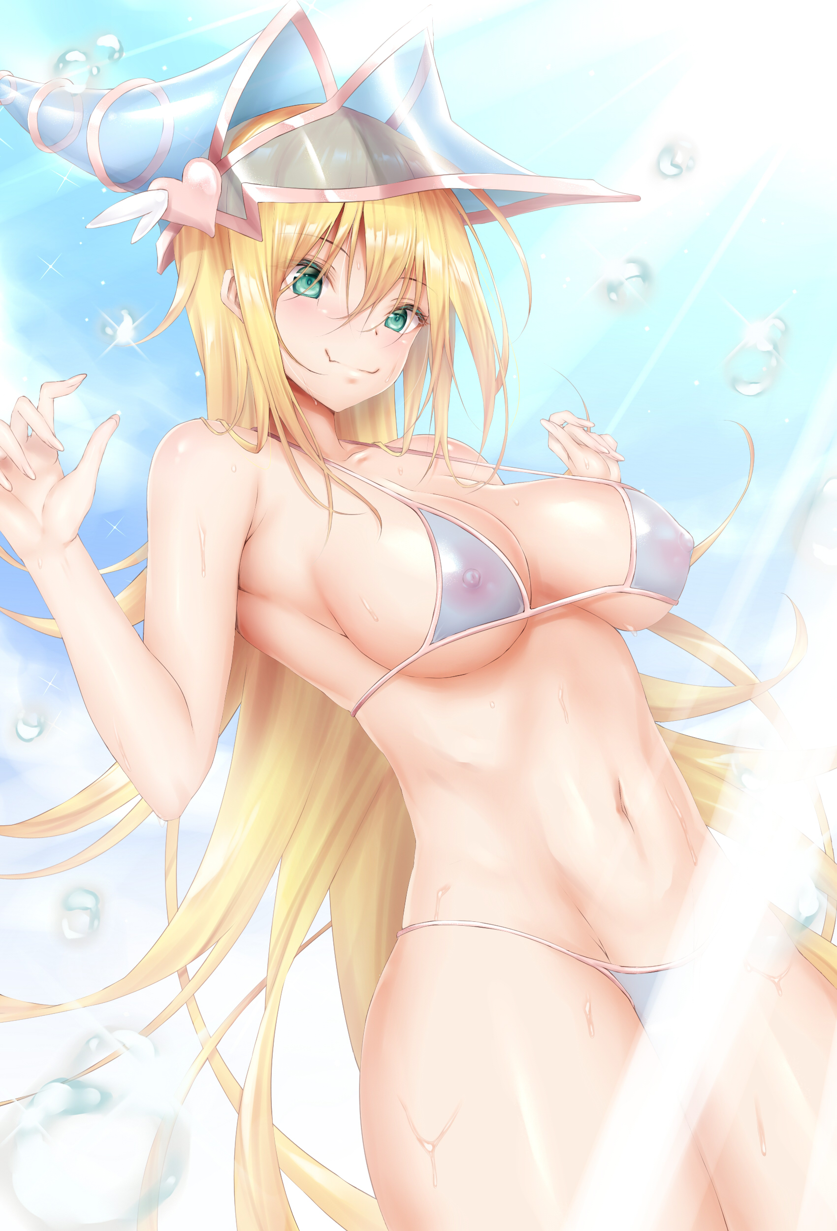 1girls, absurdres, bikini, blonde hair, blue bikini, breasts, calcio, covered erect nipples, cowboy shot, dark magician girl, duel monster, female, female only, green eyes, hat, highres, large breasts, long hair, navel, pointless censoring, shiny, shiny skin, sky, smile, solo, swimsuit, water, wet, wizard hat, yu-gi-oh!