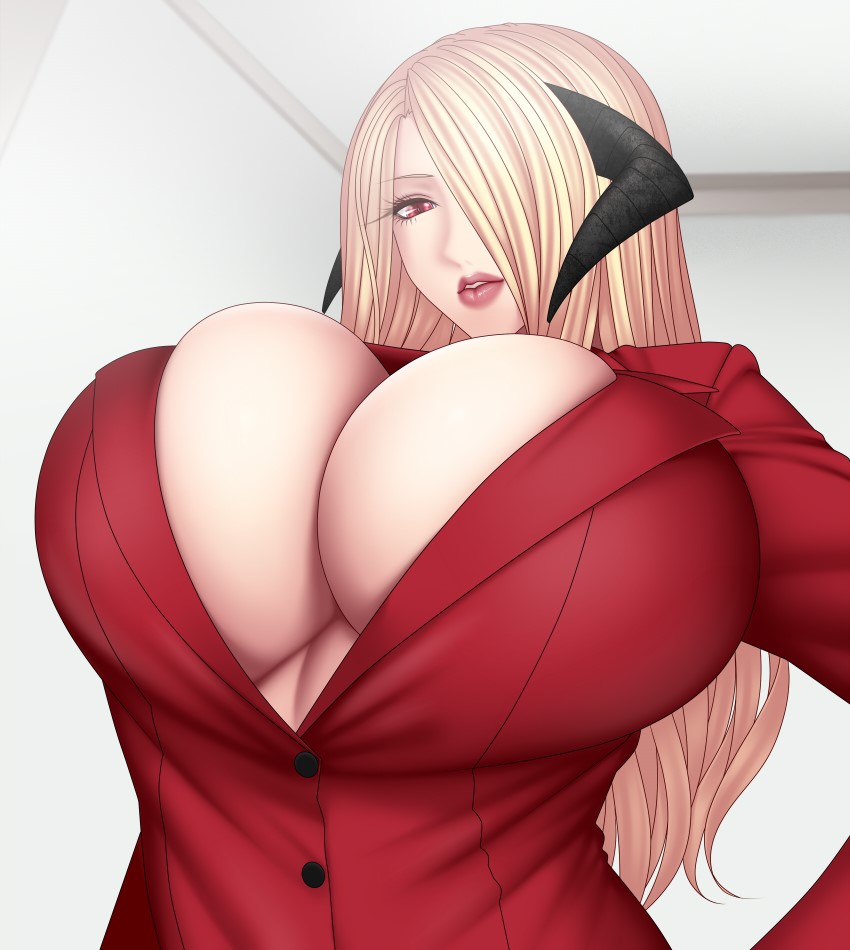1girls, about to burst, barely contained, barely contained breasts, barely fits, baru (val-val), big breasts, blonde hair, breast squeeze, breast suppress, breasts, breasts too big, bursting breasts, button down shirt, button up shirt, cleavage, clothed female, clothing, demon, female, female only, horns, huge breasts, imminent wardrobe malfunction, inconvenient boobs, large breasts, long hair, looking at own breasts, looking at viewer, looking down at breasts, looking down at self, mature, mature female, milf, original, original character, overflowing breasts, pixiv succubus, red eyes, solo, solo female, solo focus, straining clothing, succubus, tight clothes, tight clothing, tight fit, too tight, undersized clothes, undersized clothing