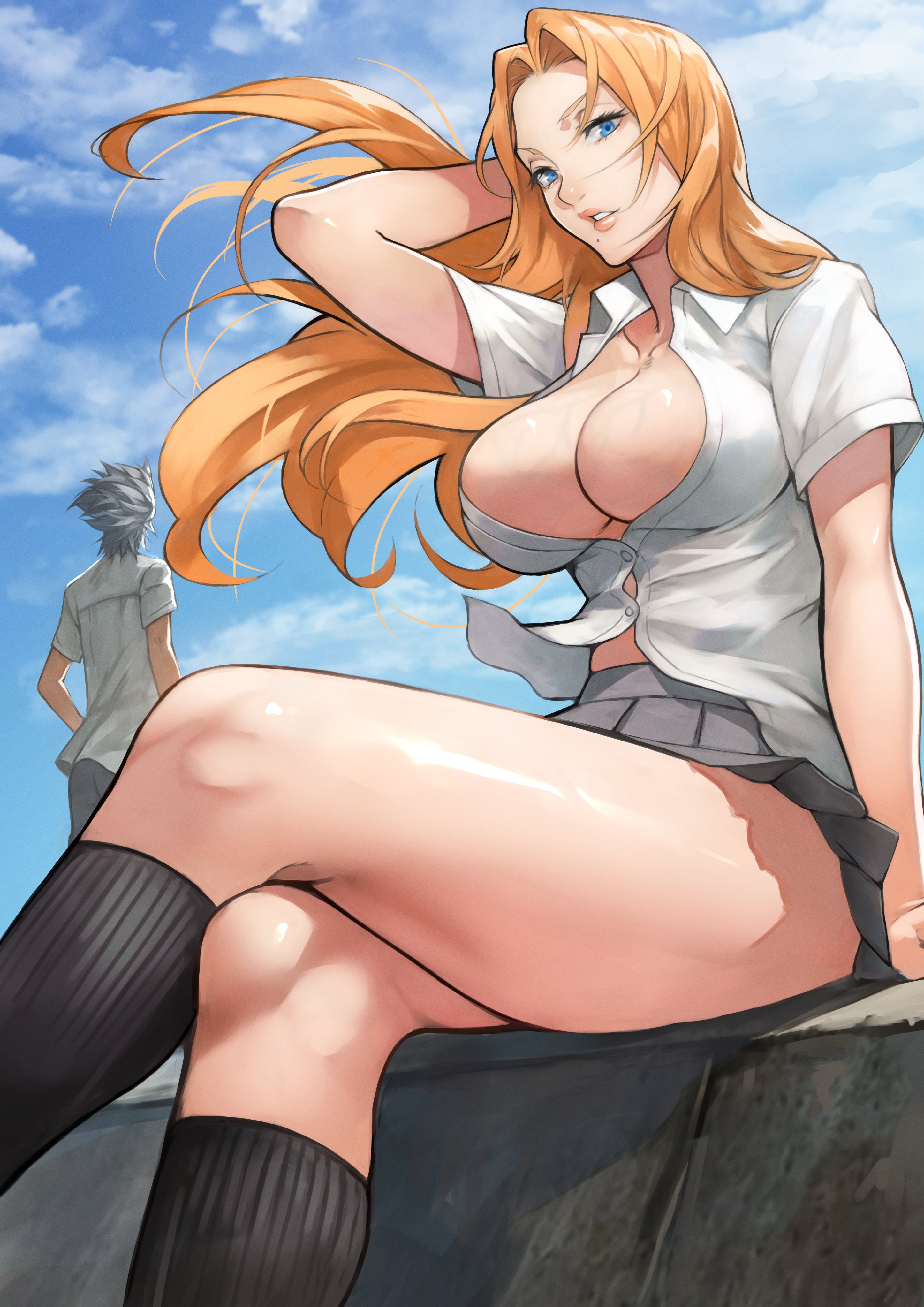 1girls, beauty mark, big breasts, bleach, blonde hair, blue eyes, breasts, cleavage, female, female focus, kneehighs, large breasts, long hair, looking at viewer, matsumoto rangiku, mature female, orange hair, school uniform, skirt, thighs, unbuttoned shirt, veiny breasts, yoshi55level