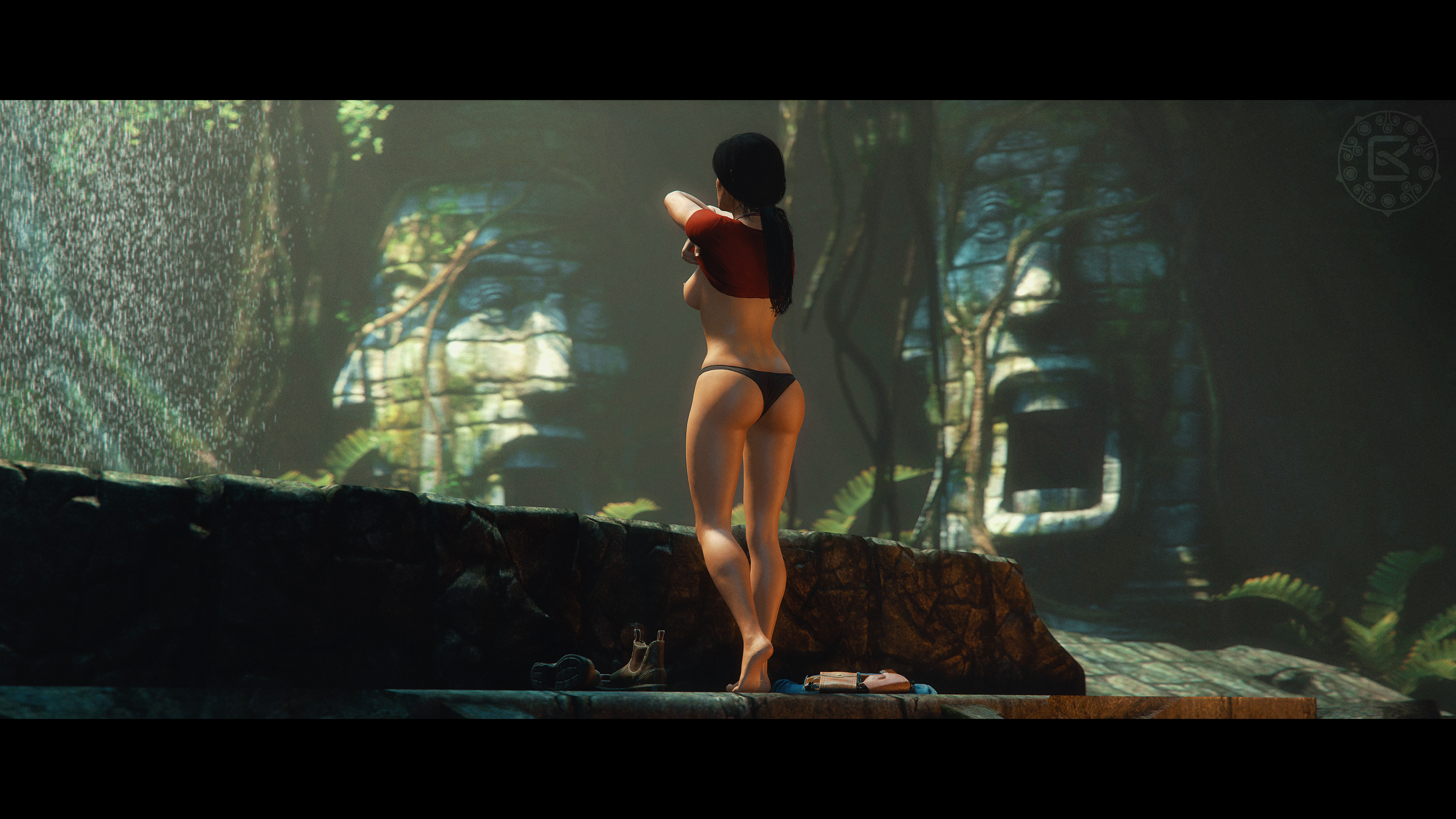 1girls, 3d, areolae, ass, black hair, bomyman, breasts, chloe frazer, female, female only, mostly nude, nipples, panties, shirt lift, solo, solo female, source filmmaker, tan-skinned female, uncharted, undressing