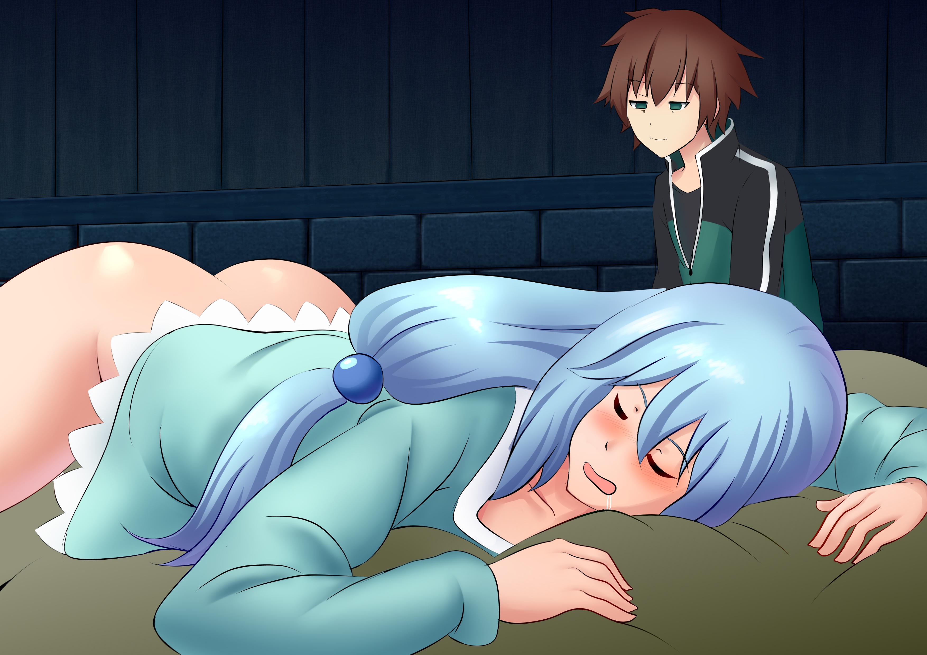 1boy, 1girls, aqua (konosuba), aqua hair, ass, big ass, blue hair, blush, bottomless, brown hair, closed eyes, female, green eyes, kono subarashii sekai ni shukufuku wo!, light skin, light-skinned female, light-skinned male, lok182, long hair, male, no panties, pale skin, pale-skinned female, pale-skinned male, satou kazuma, short hair, sleeping, tagme, thick ass