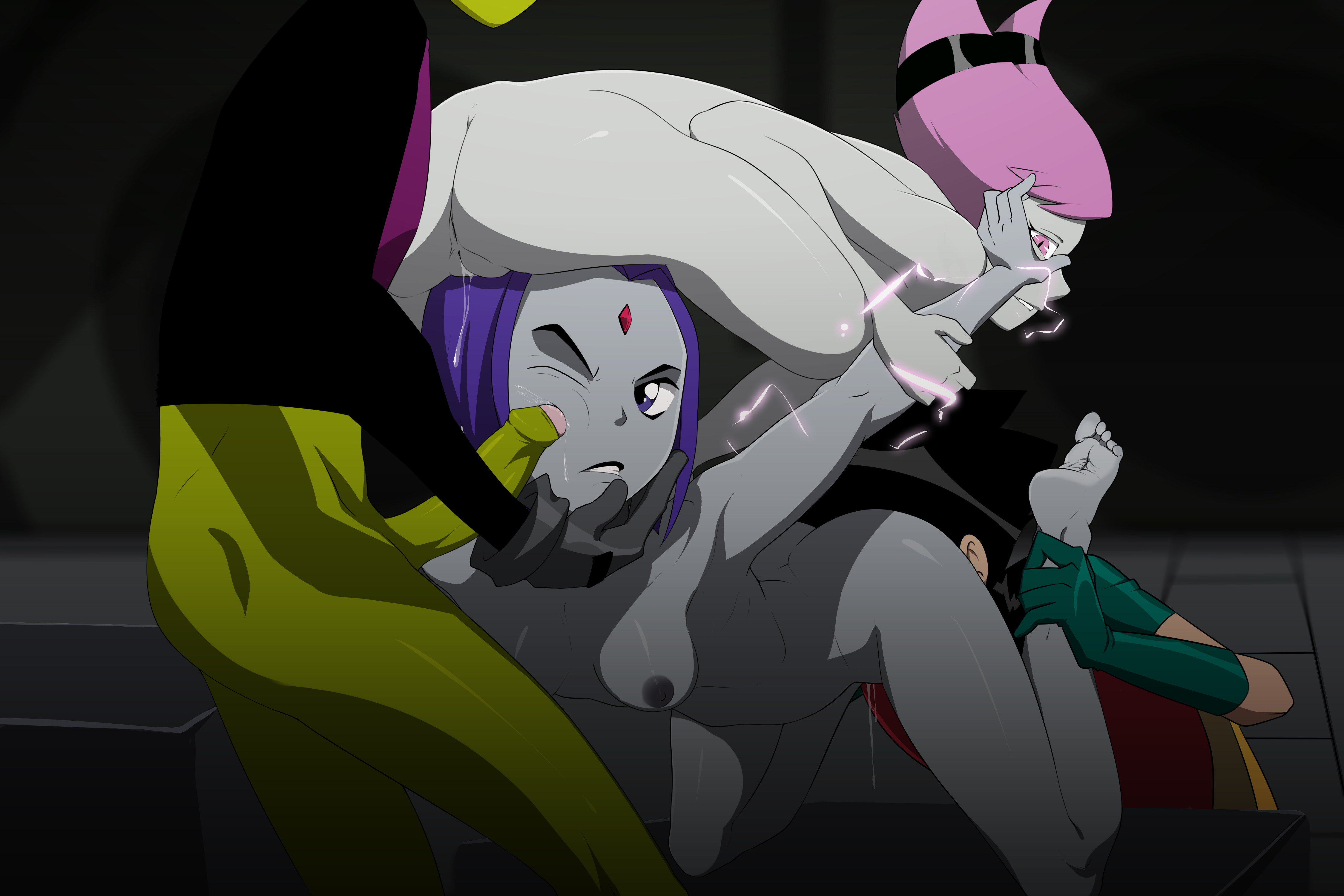 2boys, 2girls, angry, areolae, arm grab, arms behind back, beast boy, bending over, black hair, breasts, clothed, clothed male nude female, clothing, dc, dc comics, dick grayson, female, green skin, group sex, jinx (dc), looking back, male, mask, masked, meteorreb0rn, mind control, multiple boys, multiple females, multiple girls, multiple males, nipples, nude, one eye closed, penis, penis on face, pink eyes, pink hair, purple eyes, purple hair, pussy, pussy juice, rape, raven (dc), robin (dc), robin (dick grayson), short hair, small breasts, teen titans, thick thighs, thighs, unseen male face, white skin