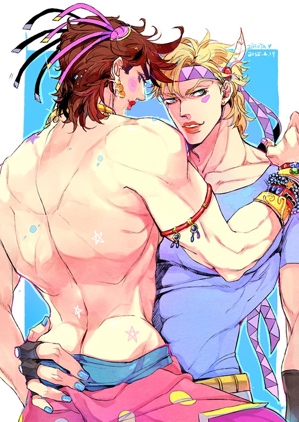 2015 2boys arm_bracelets armband armwear artist_name ass ass_cleavage back bara battle_tendency big_ass birthmark blonde_hair blonde_hair_on_brown_hair blonde_hair_top blue_nails body_writing bracelet bracelets brown_hair brown_hair_bottom butt_crack caesar_zeppeli canon_crossdressing clothed clothing crossdressing dated domination dress dress_down dress_pulled_down ear_piercing earrings facial_mark feathers fingerless_gloves gay gloves green_eyes hair_ornament hand_on_ass hand_on_shoulder headband hiroya jewelry joestar_birthmark jojo's_bizarre_adventure joseph_joestar light_hair_on_dark_hair lipstick looking_at_viewer looking_back lots_of_jewelry makeup male male_focus male_only manly_crossdresser multiple_boys muscle muscles muscular muscular_male nail_polish necklace painted_nails pants_down pierced_ears pink_nails red_lipstick shirt shirtless simple_background smile star teeth tequila_joseph topless undressing white_border yaoi