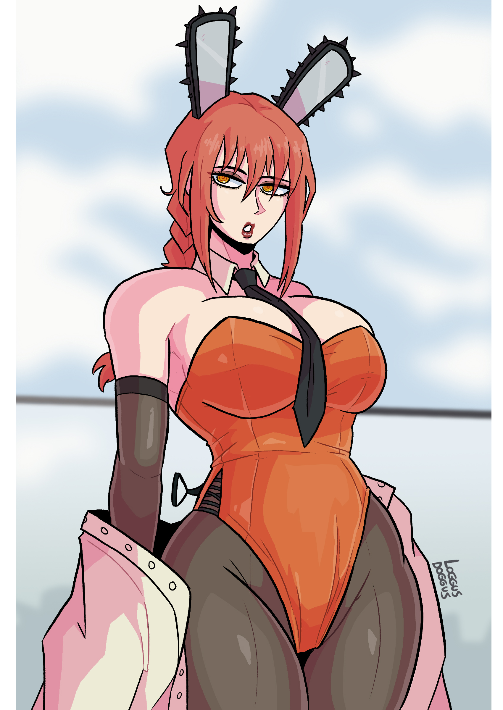 1girls, braid, braided hair, bunny ears, bunny girl, bunnysuit, chainsaw man, female, leotard, lipstick, loggus doggus, makima (chainsaw man), pantyhose, red hair, red lipstick, tie, yellow eyes