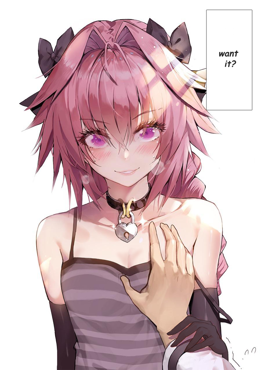 2boys, astolfo (fate), breasts, collar, crossdressing, fate (series), femboy, flat chest, gay, girly, guided breast grab, hand on chest, male, male only, padlock, suou-sensei, tagme, trap, yaoi