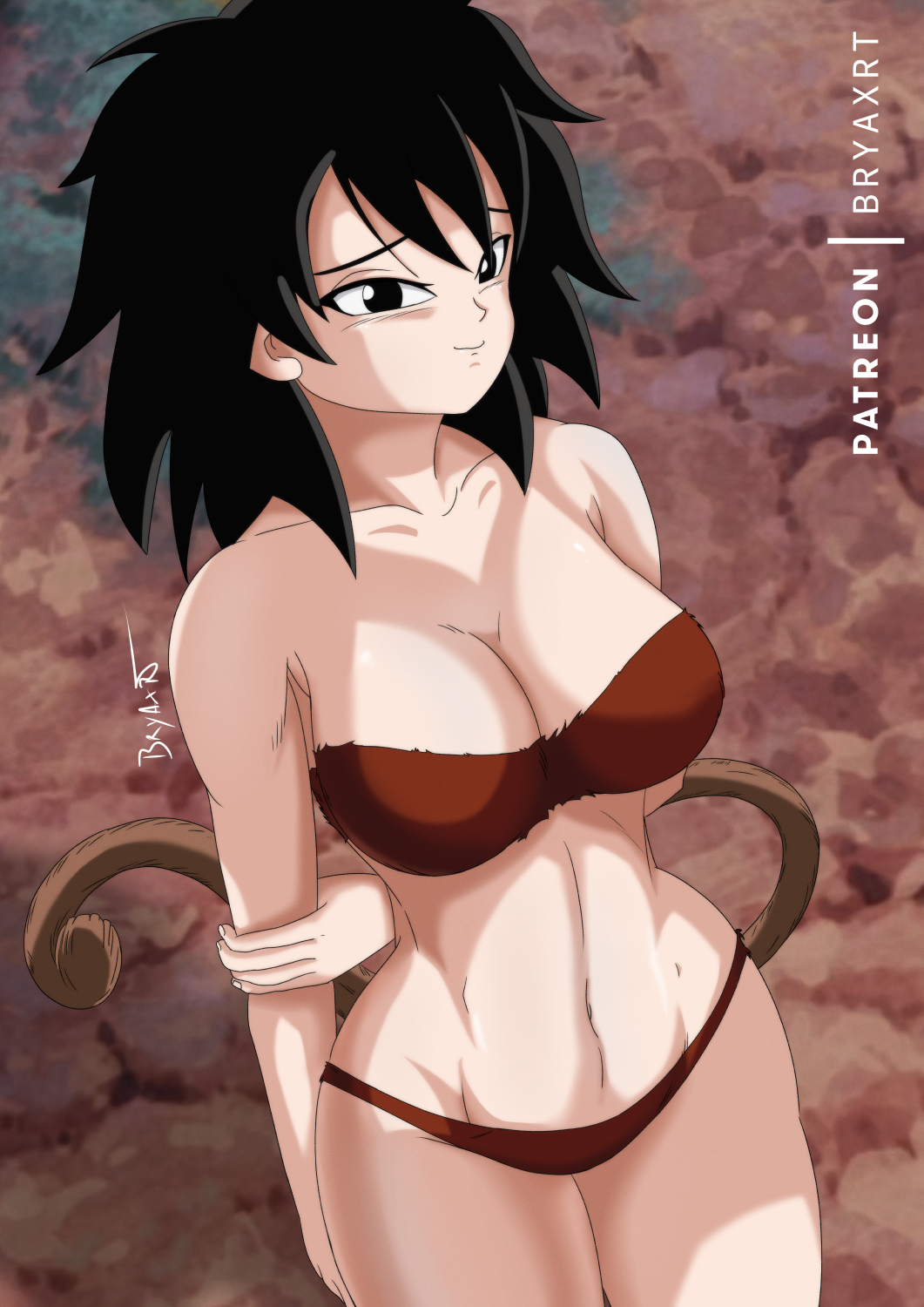 1girls bikini bikini_aside bikini_top black_eyes black_hair breasts bryaxrt cleavage dragon_ball dragon_ball_super female_only fur_bikini gine looking_at_viewer milf mother saiyan solo tail