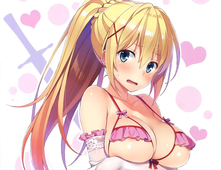 1girls, big breasts, bikini, blonde hair, blue eyes, breasts, darkness (konosuba), female, female only, kono subarashii sekai ni shukufuku wo!, solo, yuuki hagure