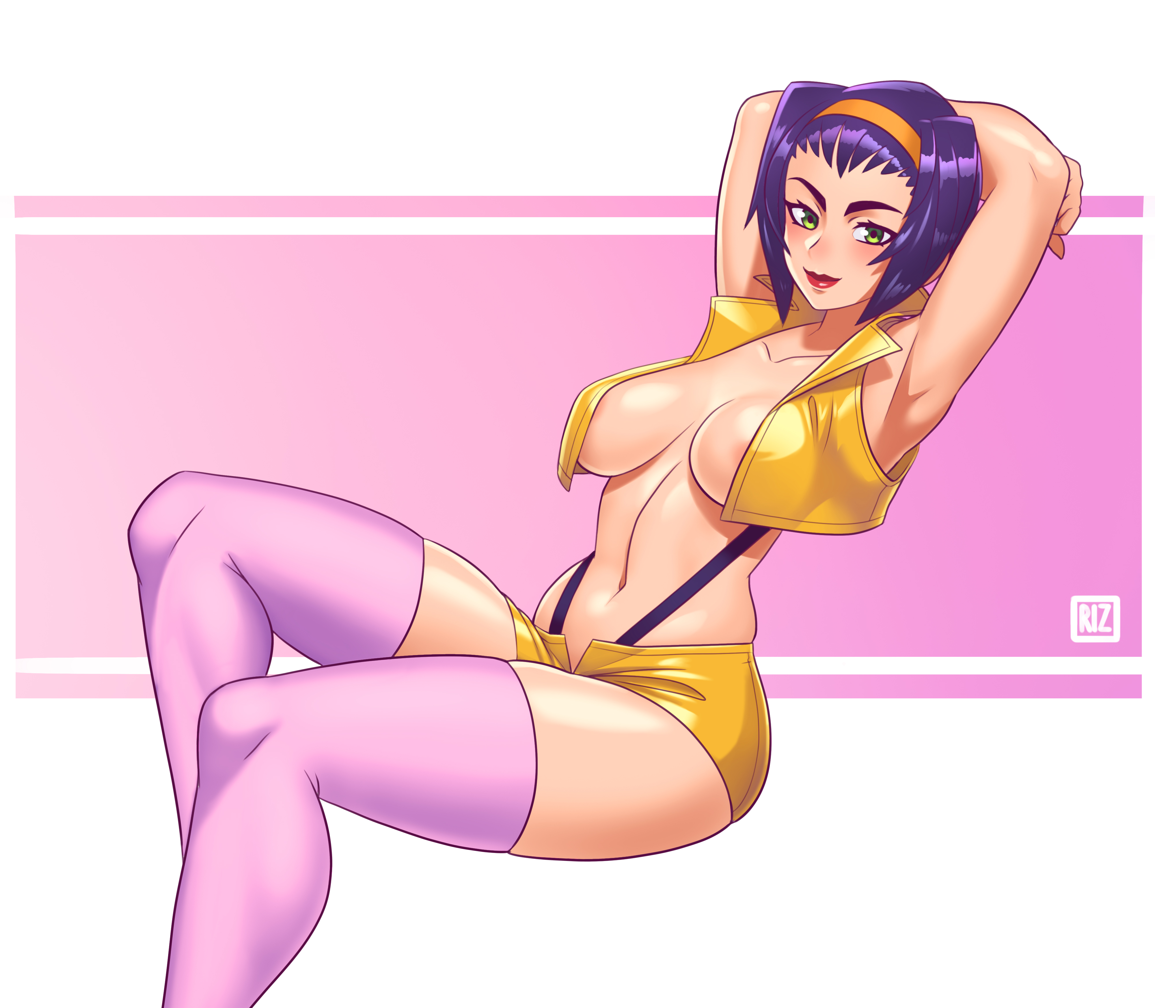 1girls, 2020, armpits, arms behind head, big breasts, breasts, busty, cleavage, cowboy bebop, faye valentine, female, female focus, female only, hairband, human, large breasts, legs, light skin, light-skinned female, looking at viewer, mature, mature female, navel, nipples, open clothes, pale skin, pale-skinned female, pink background, pose, posing, purple hair, rizdraws, sensual, short hair, shorts, solo, solo female, solo focus, suspenders, thighhighs, white background